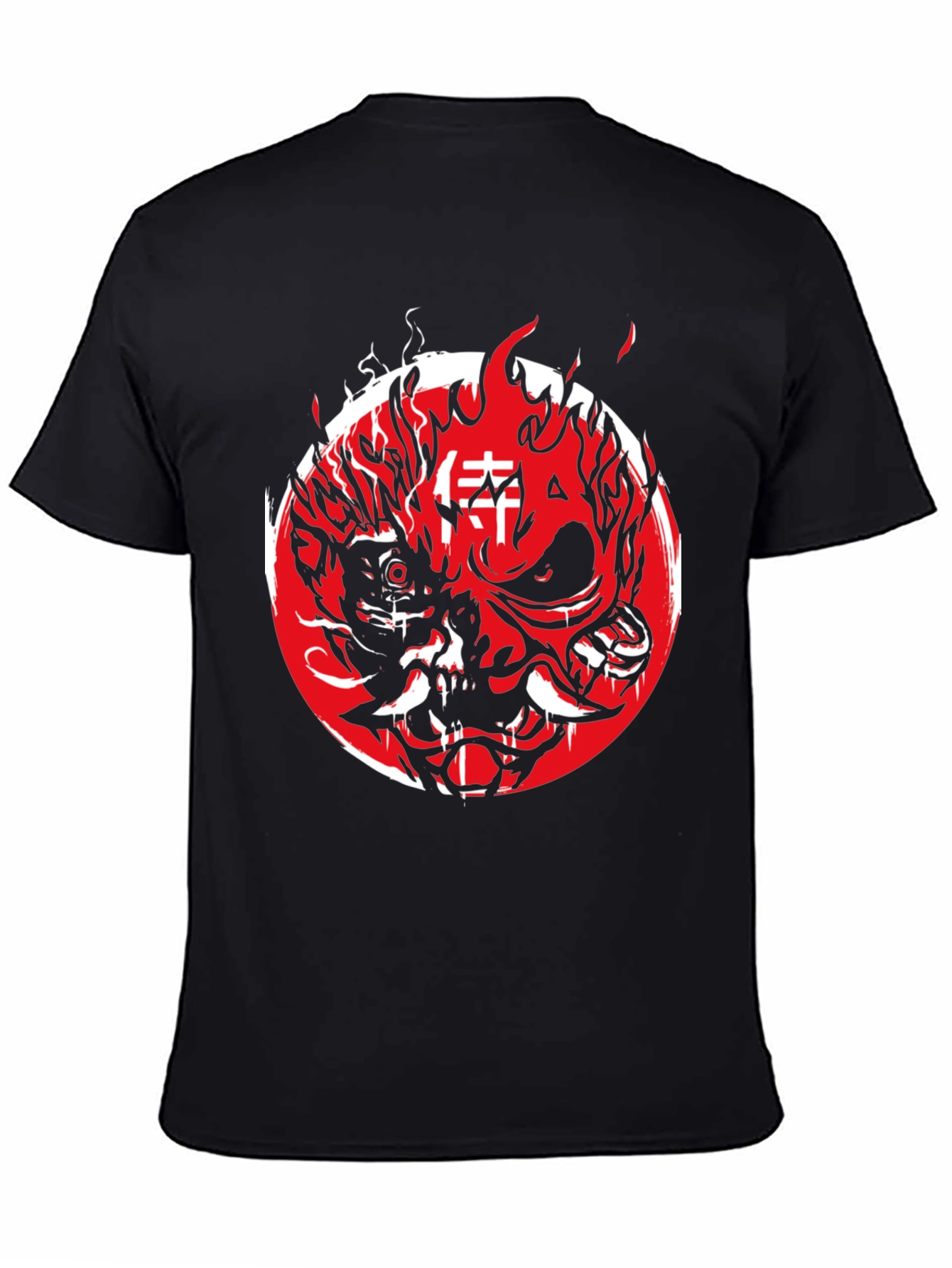 Cyberpunk Oni Mask Graphic Tee - Red & Black