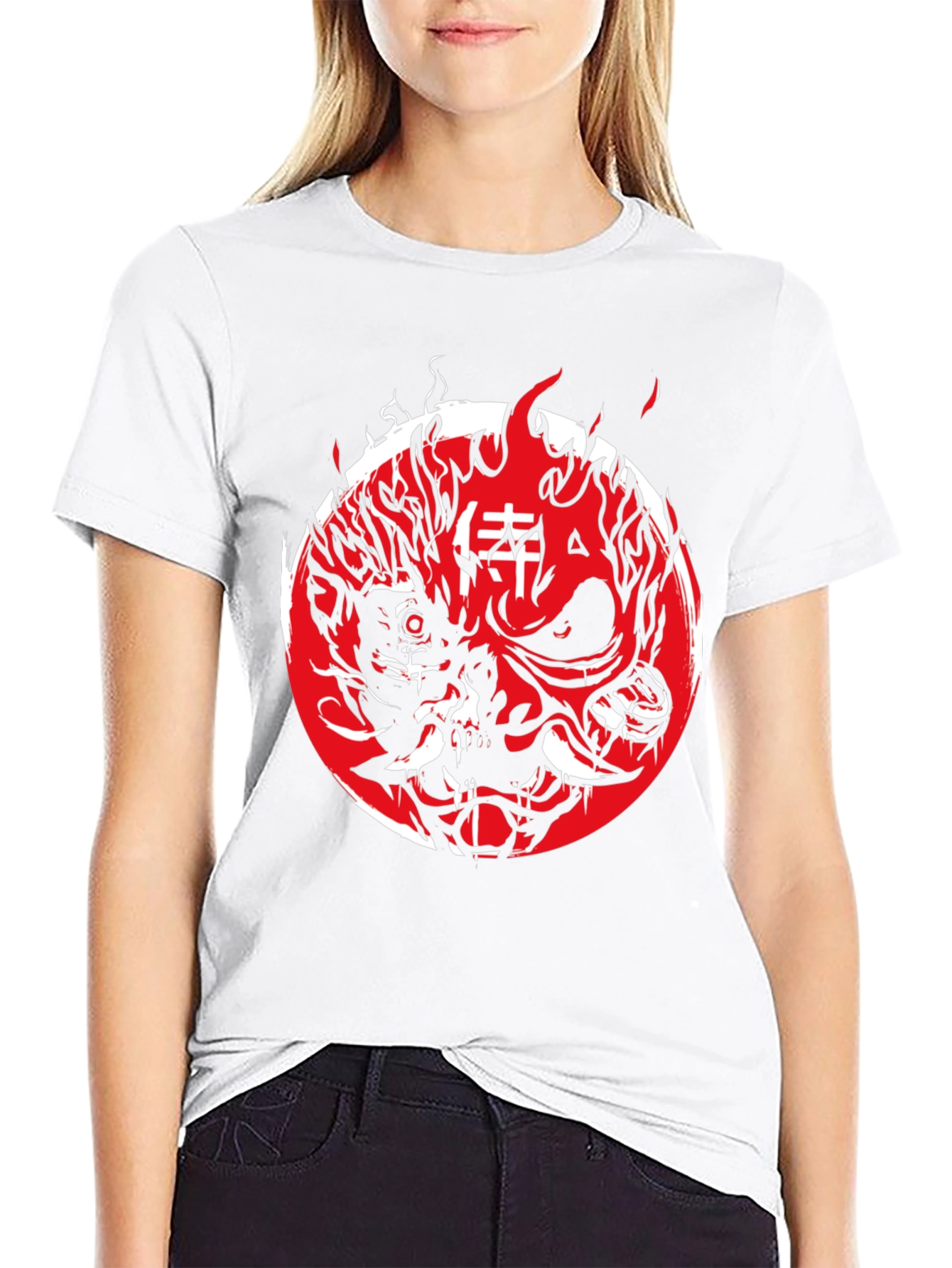 Cyberpunk Oni Mask Graphic Tee - Red & Black