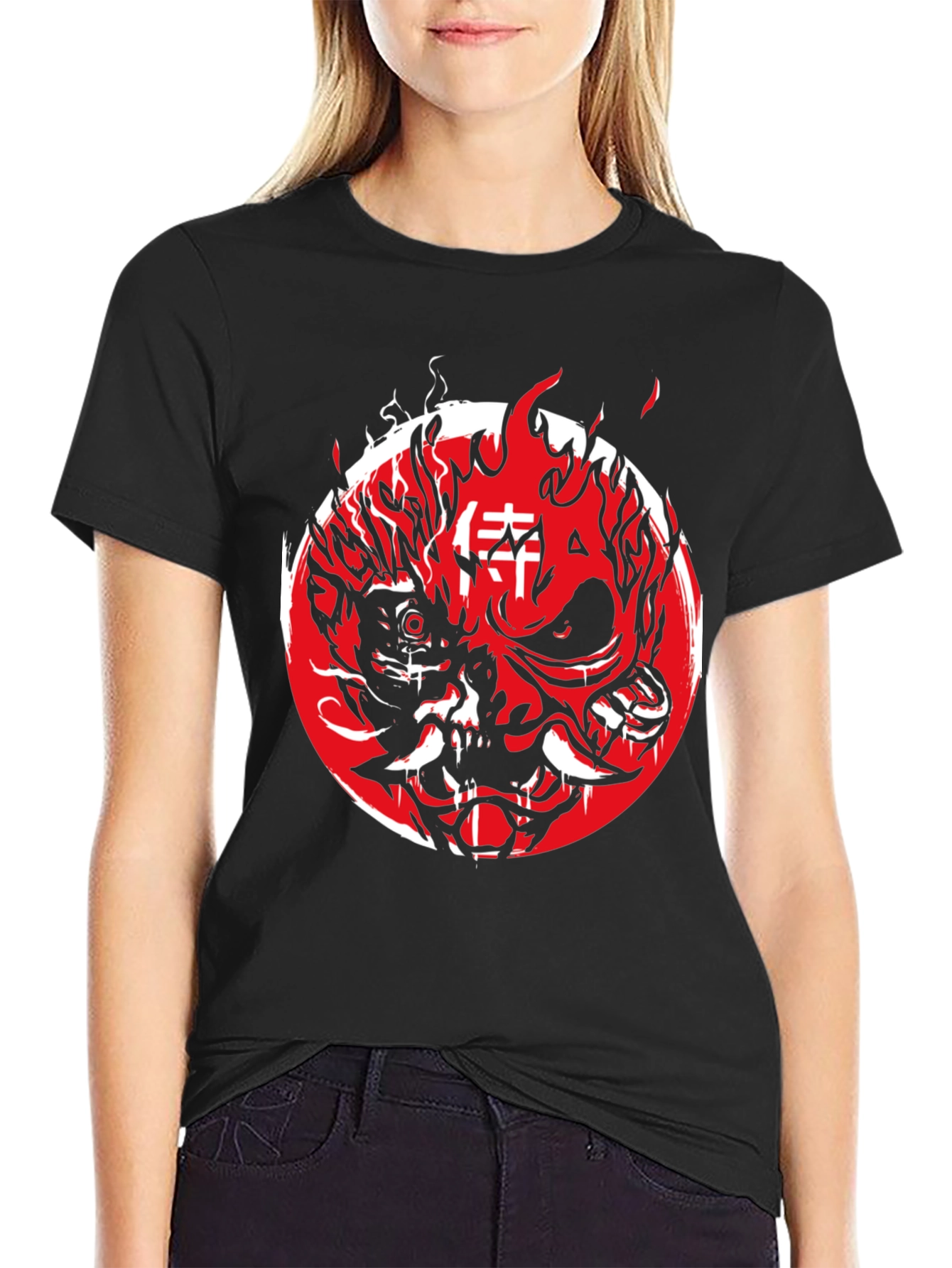 Cyberpunk Oni Mask Graphic Tee - Red & Black