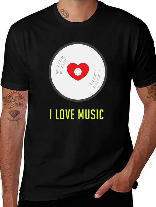 I Love Music Heart Vinyl Record Graphic T-Shirt