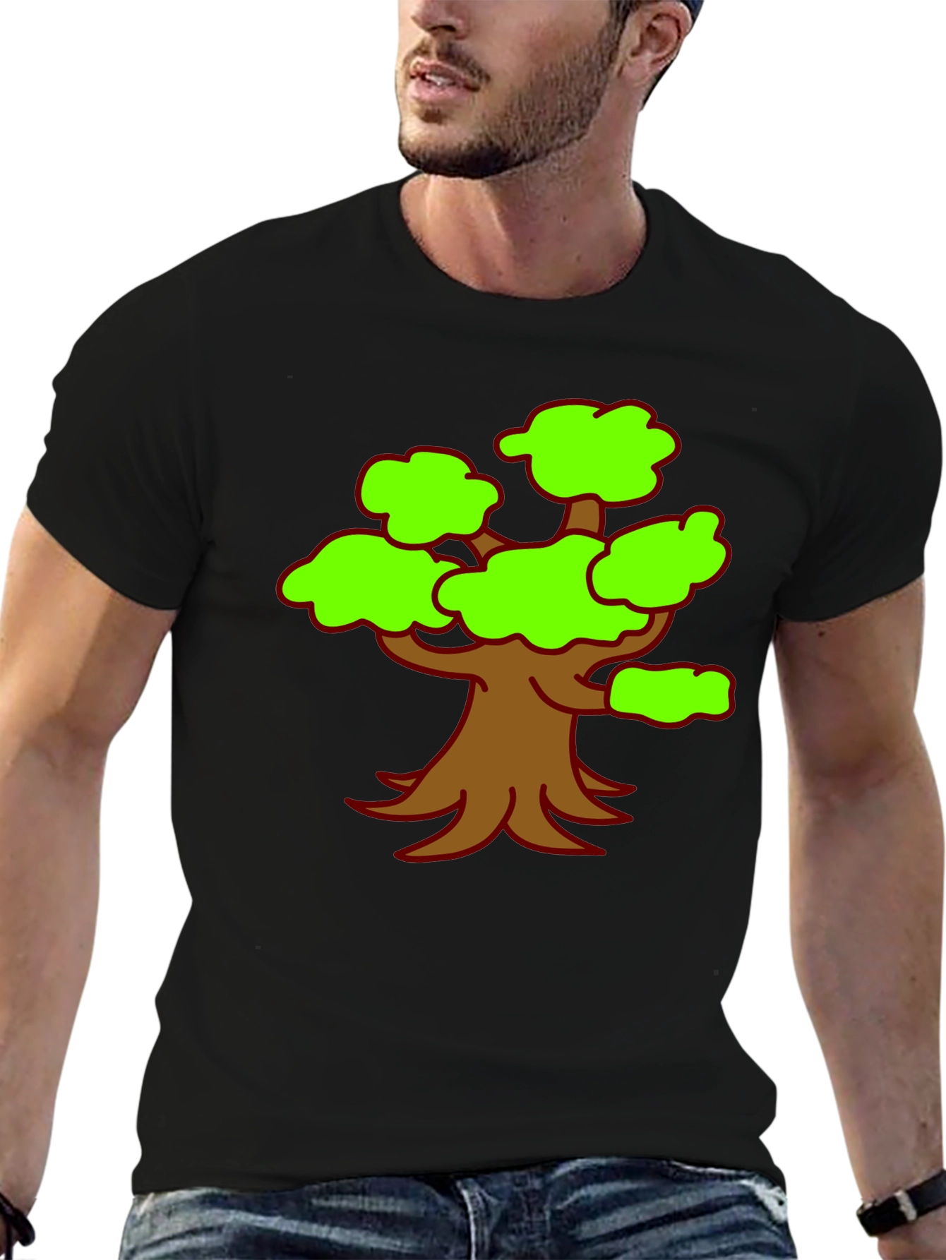 Cartoon Tree Graphic Tee - Black Casual Shirt