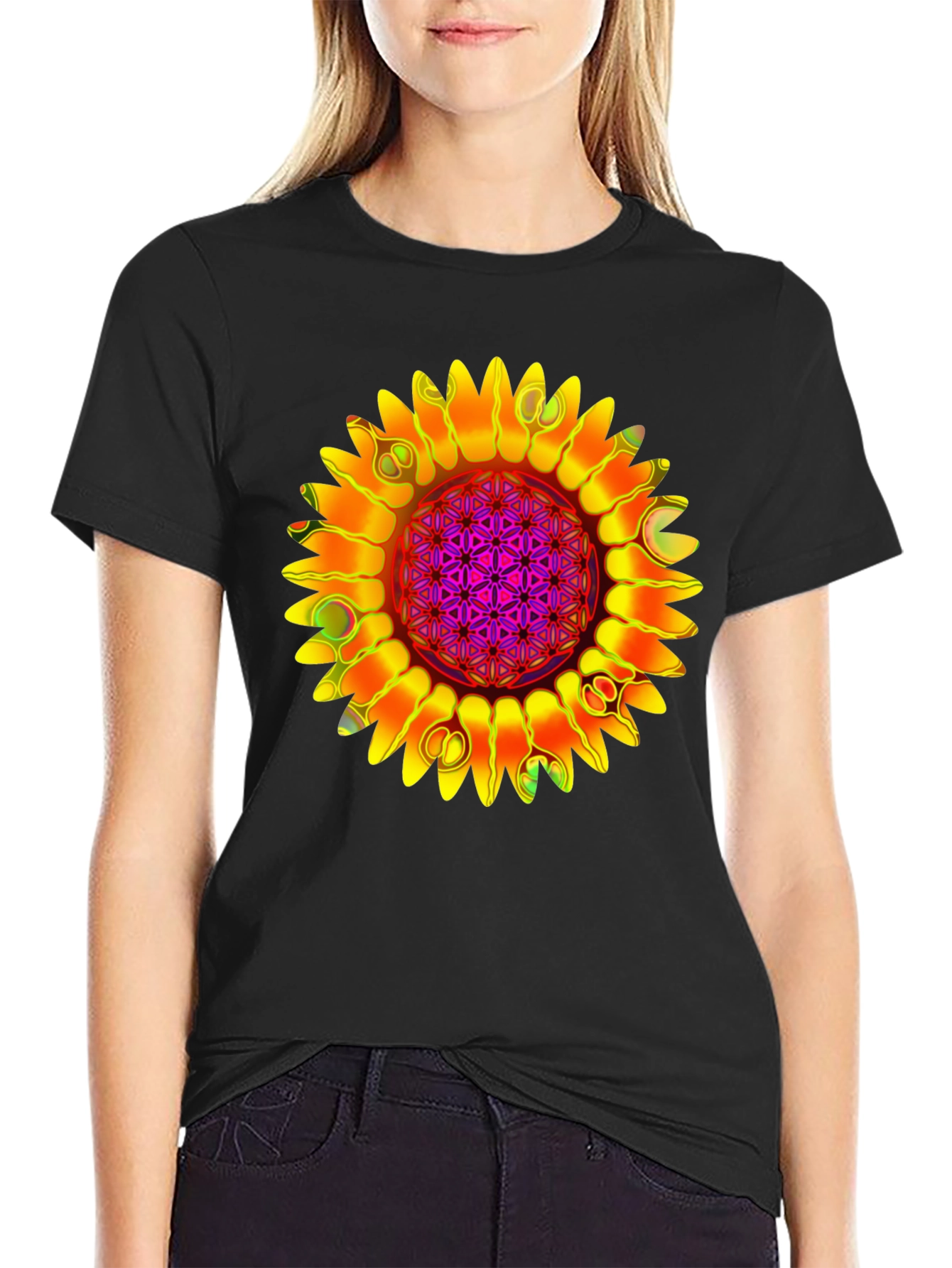 Psychedelic Sunflower Graphic Tee - Black