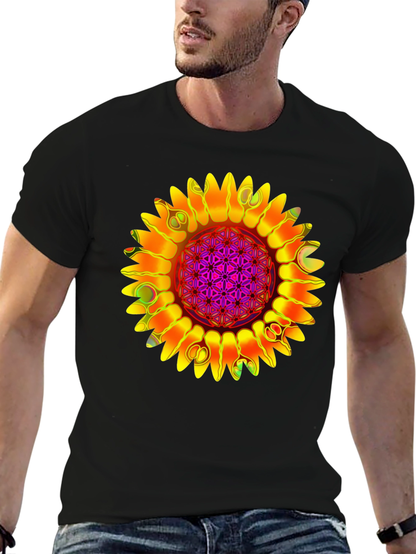 Psychedelic Sunflower Graphic Tee - Black