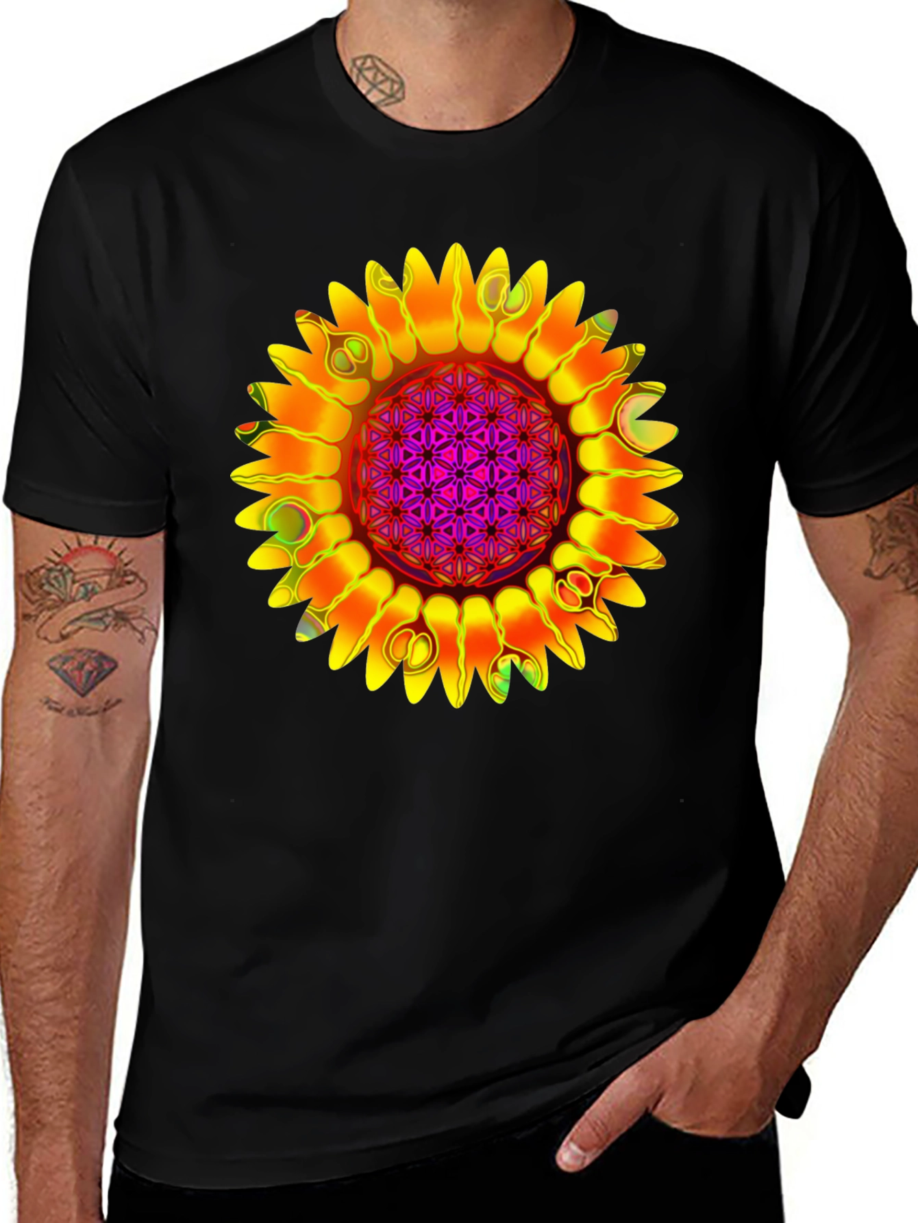 Psychedelic Sunflower Graphic Tee - Black