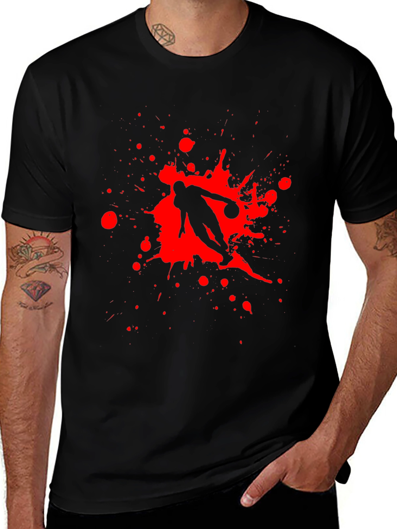 Black T-Shirt with Red Basketball Splatter Design
