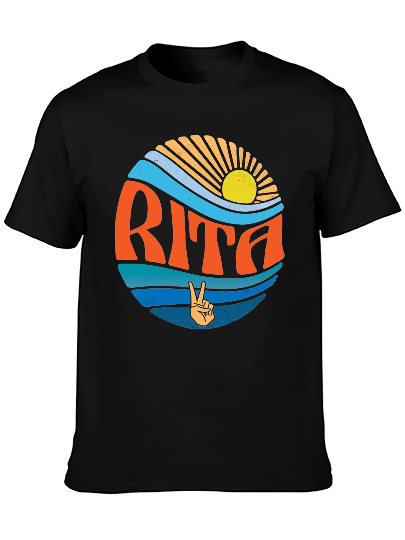 Rita Graphic T-Shirt: Retro Sun & Peace Sign Design
