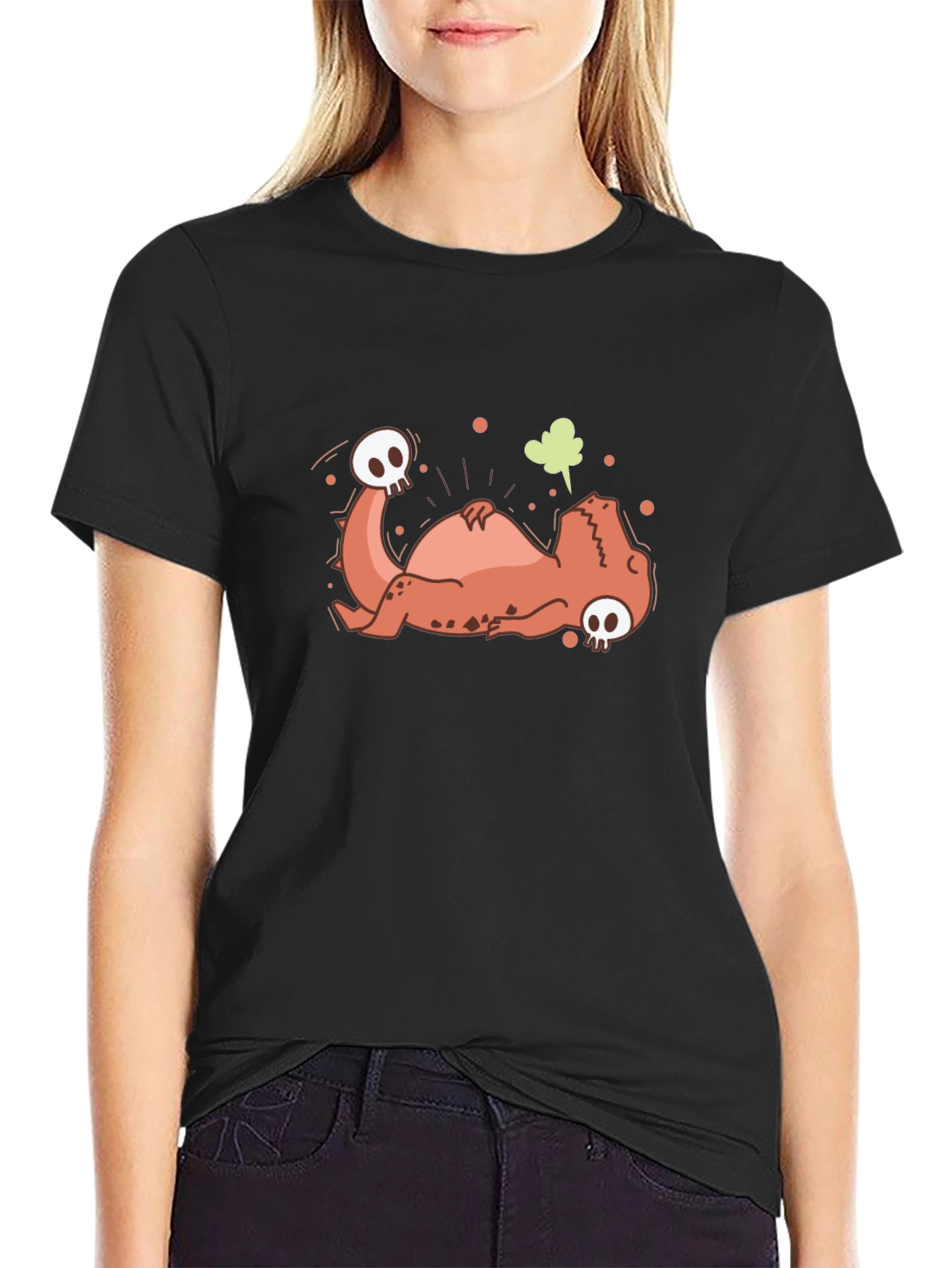 Funny Dead Dinosaur Cartoon Graphic Black T-Shirt