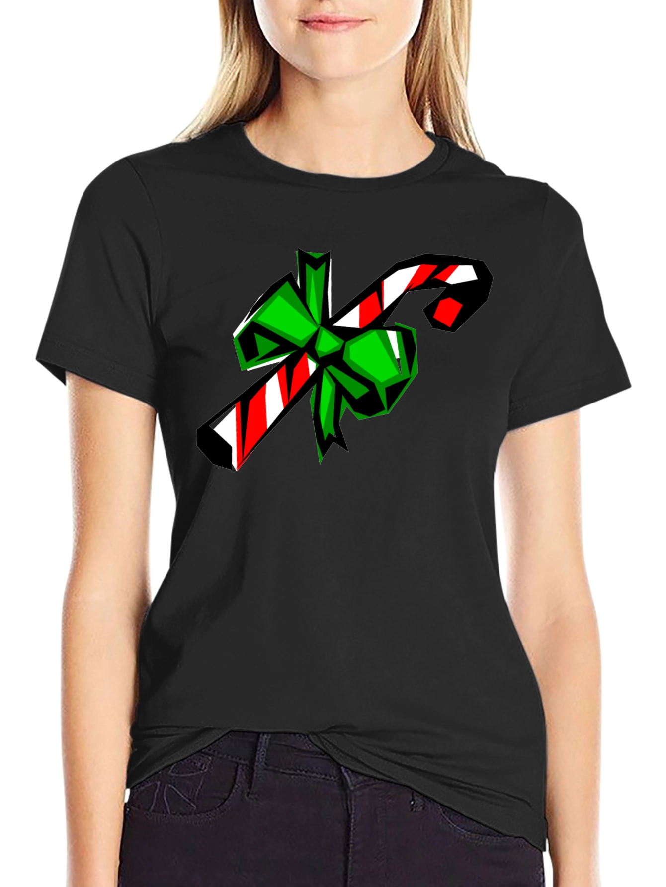 Candy Cane Bow Graphic Tee - Holiday Festive Shirt