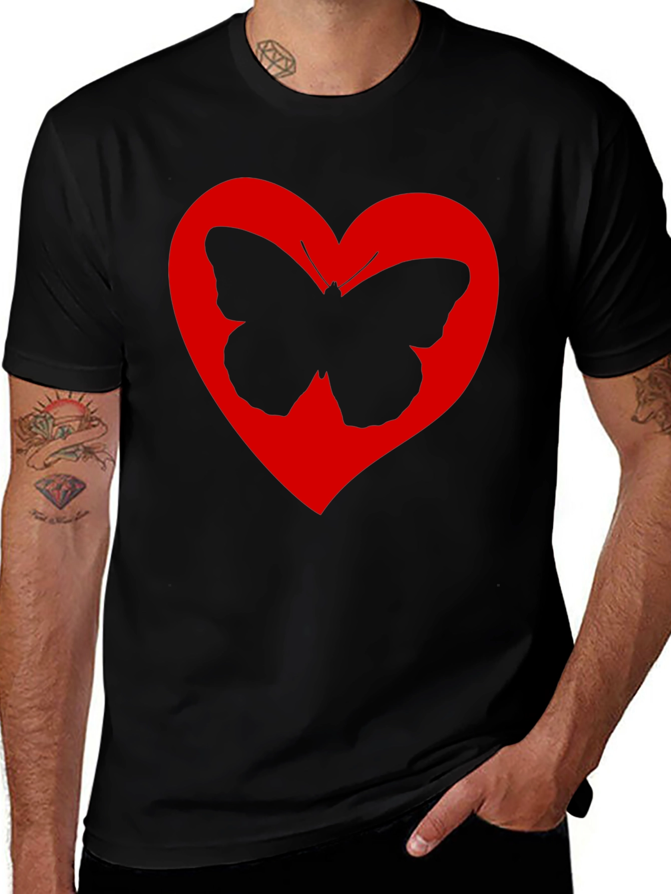 Heart Butterfly Graphic Tee - Black Cotton T-Shirt