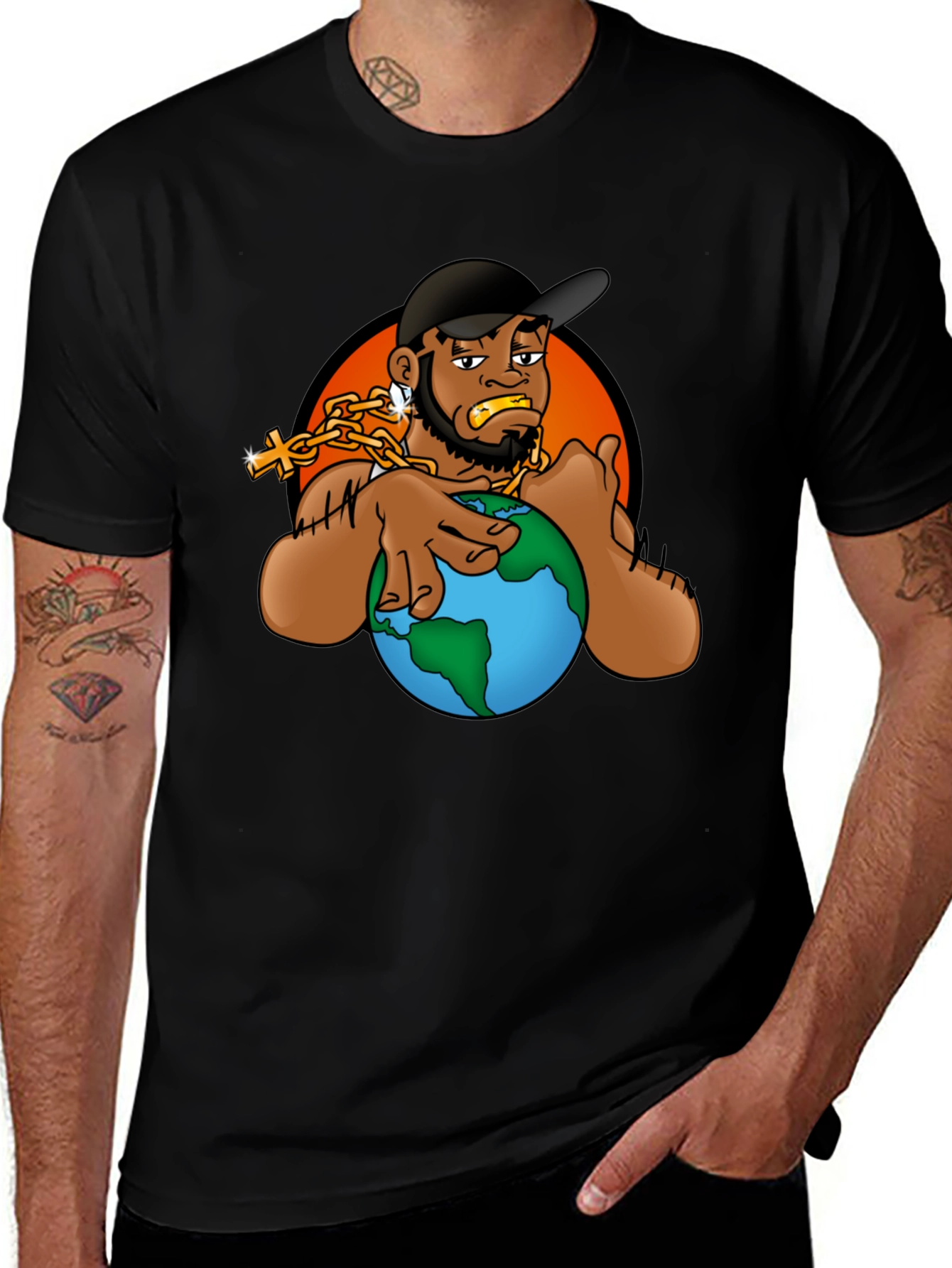 Cartoon Graphic T-Shirt - Man Holding Globe