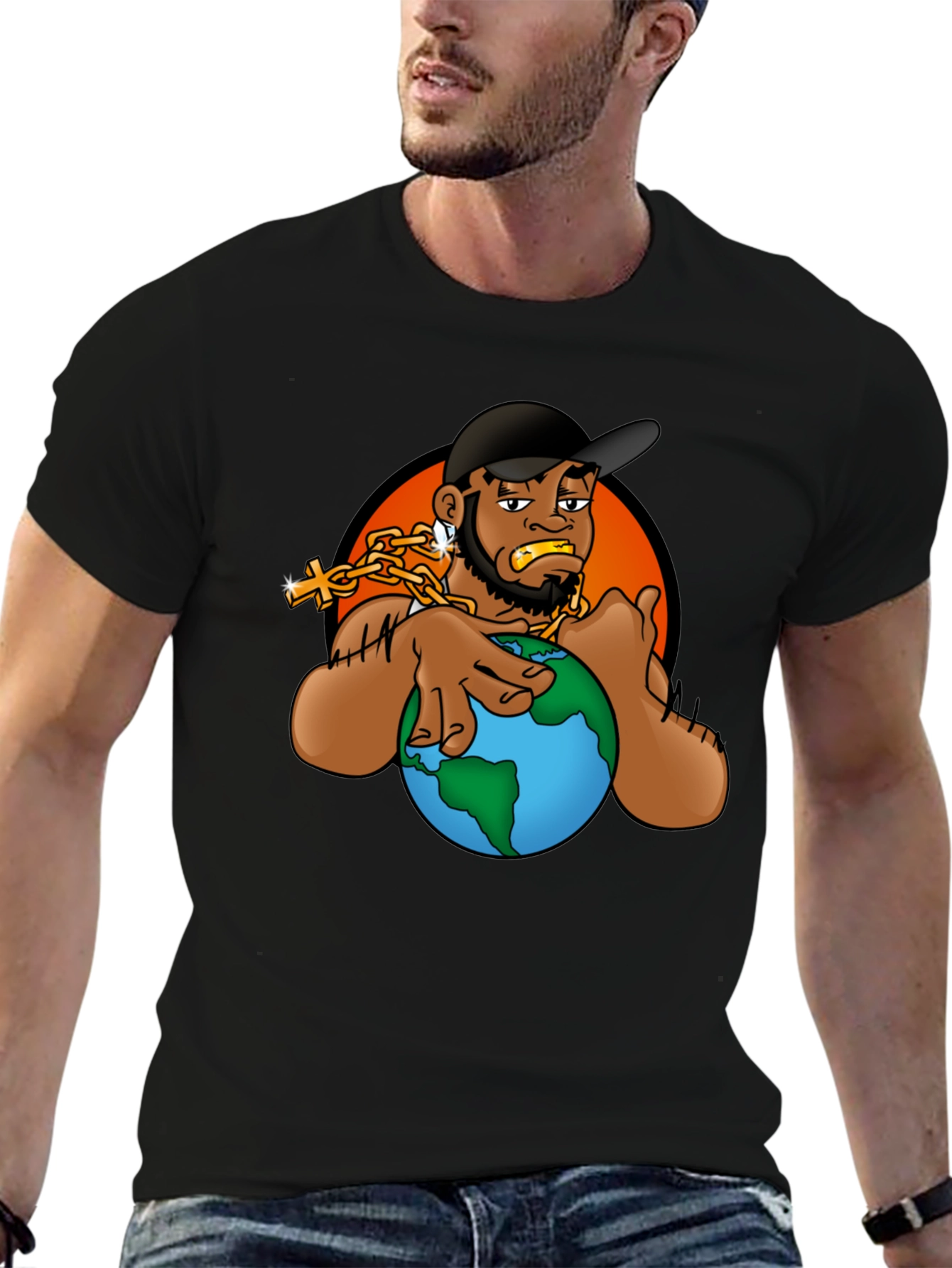Cartoon Graphic T-Shirt - Man Holding Globe
