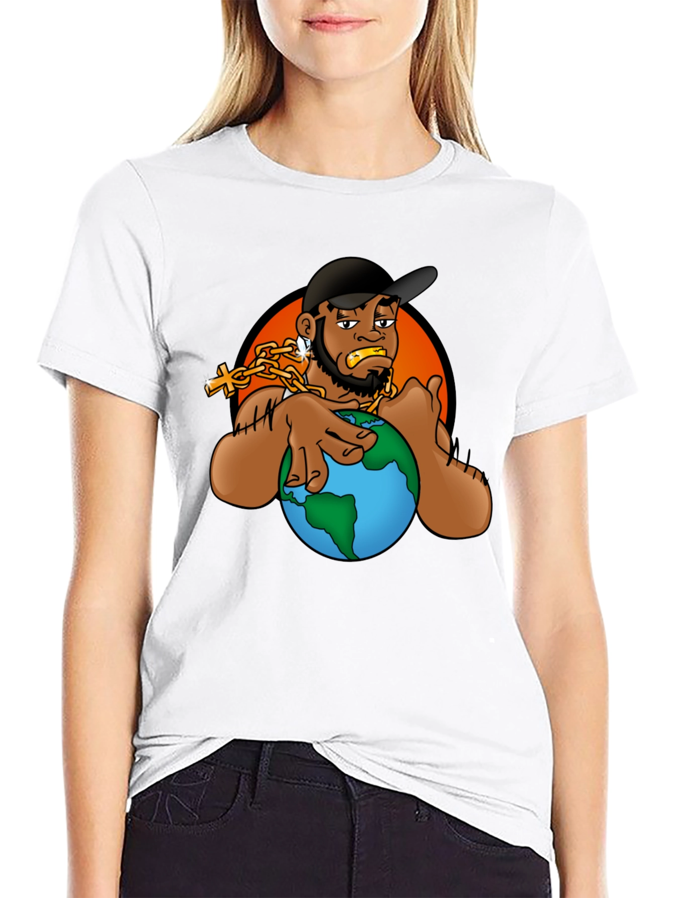 Cartoon Graphic T-Shirt - Man Holding Globe