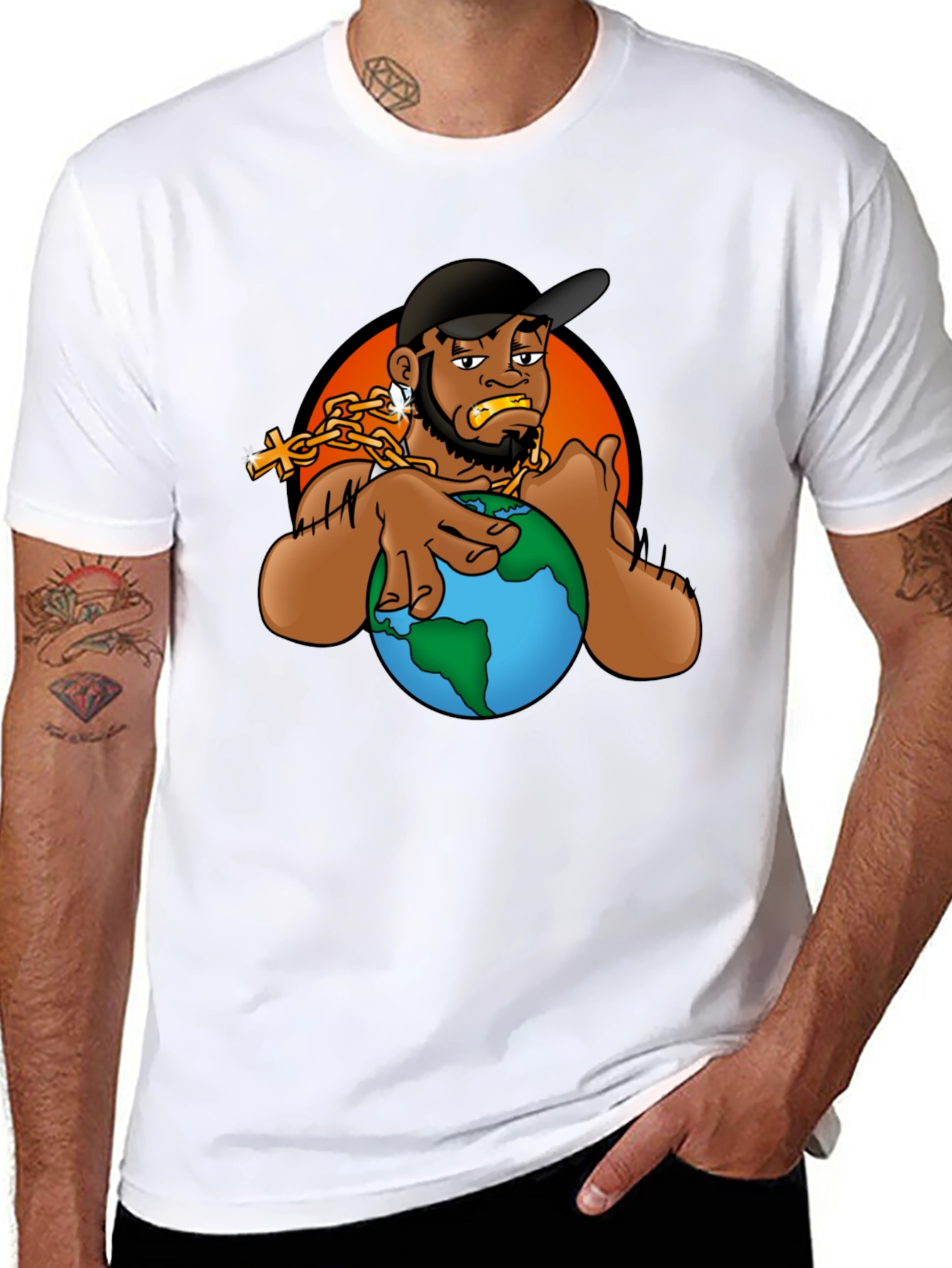 Cartoon Graphic T-Shirt - Man Holding Globe