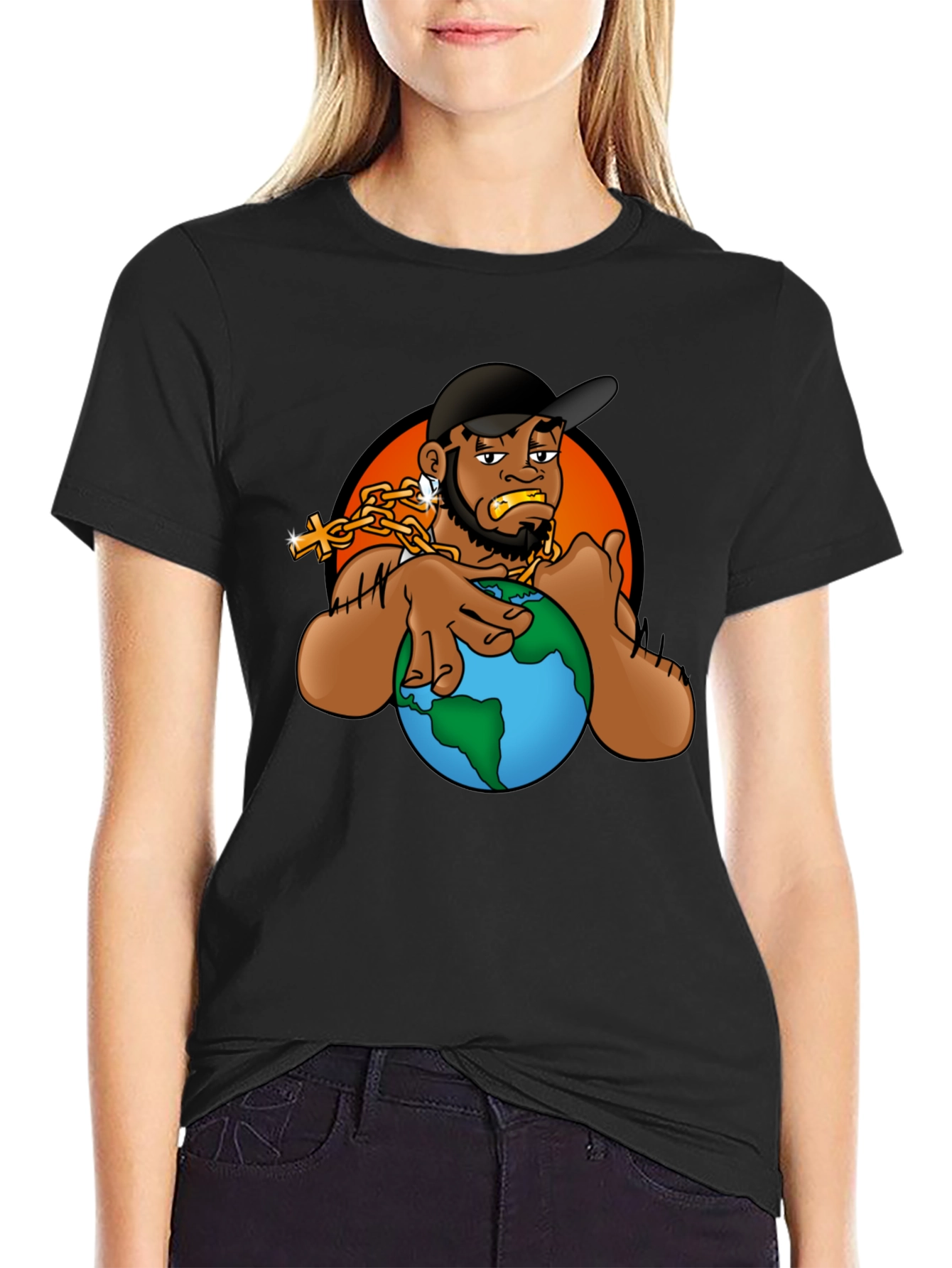Cartoon Graphic T-Shirt - Man Holding Globe
