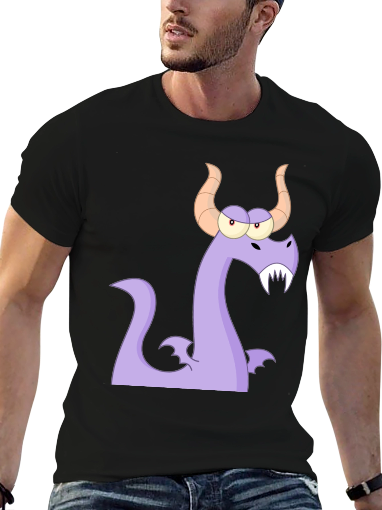 Cartoon Dragon Graphic Tee - Black Cotton T-Shirt