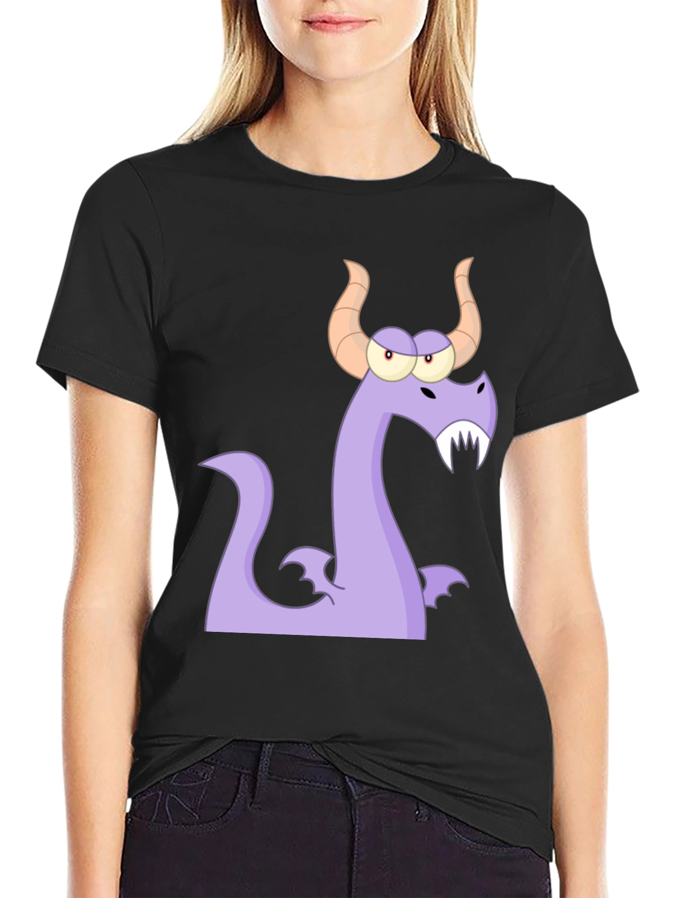 Cartoon Dragon Graphic Tee - Black Cotton T-Shirt