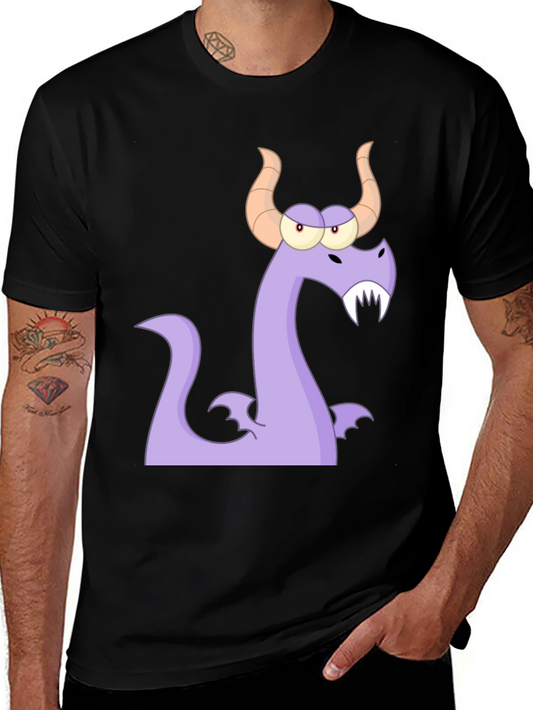 Cartoon Dragon Graphic Tee - Black Cotton T-Shirt