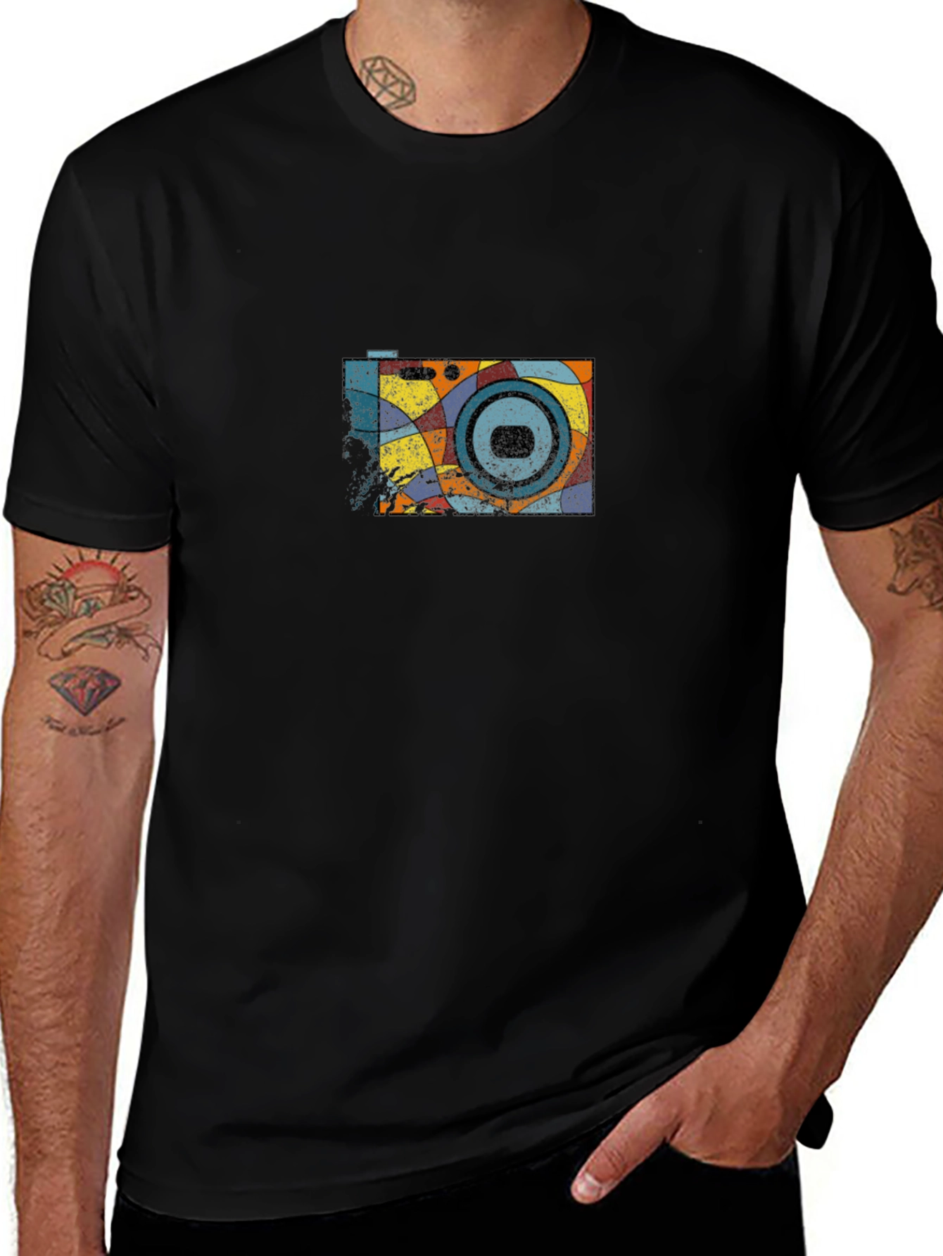 Retro Camera Graphic Tee - Black Cotton Casual Shirt