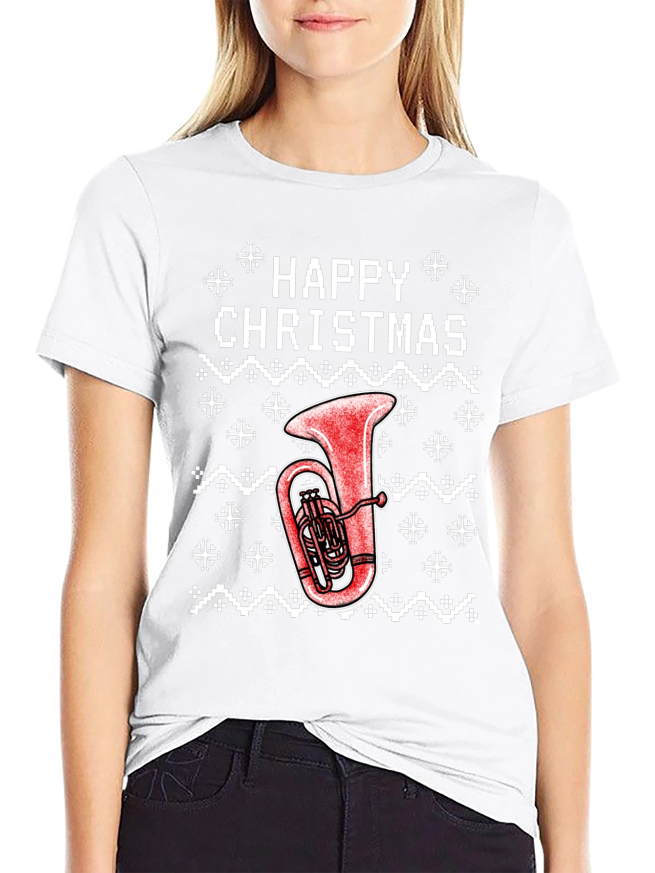 Happy Christmas Tuba Ugly Sweater Style T-Shirt