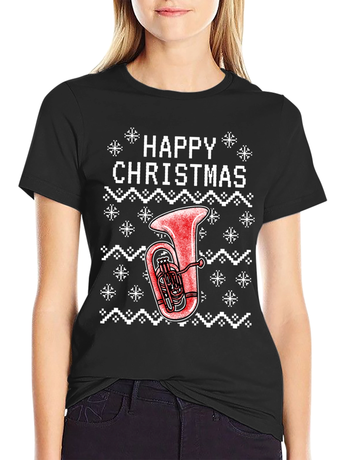Happy Christmas Tuba Ugly Sweater Style T-Shirt