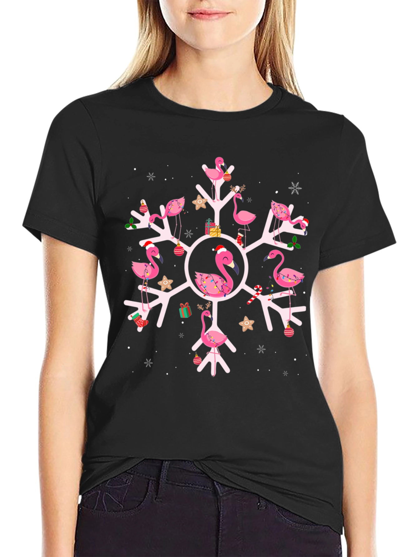 Festive Flamingo Snowflake Graphic Tee