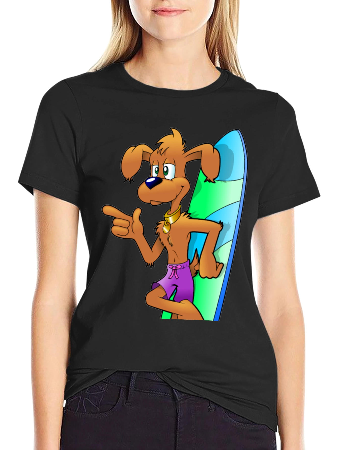 Dog Surfer Cartoon Graphic Black T-Shirt