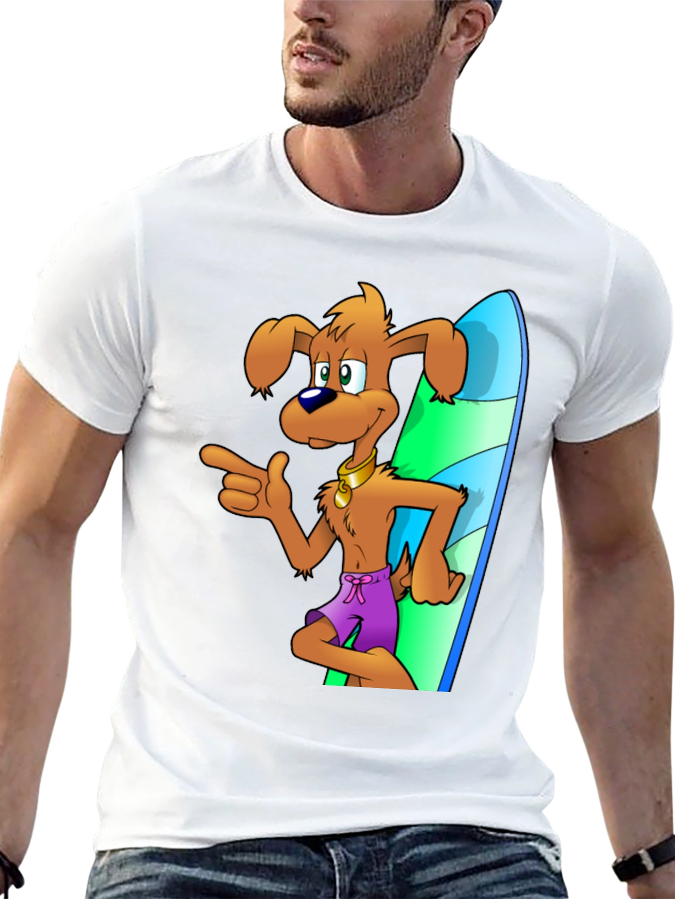 Dog Surfer Cartoon Graphic Black T-Shirt
