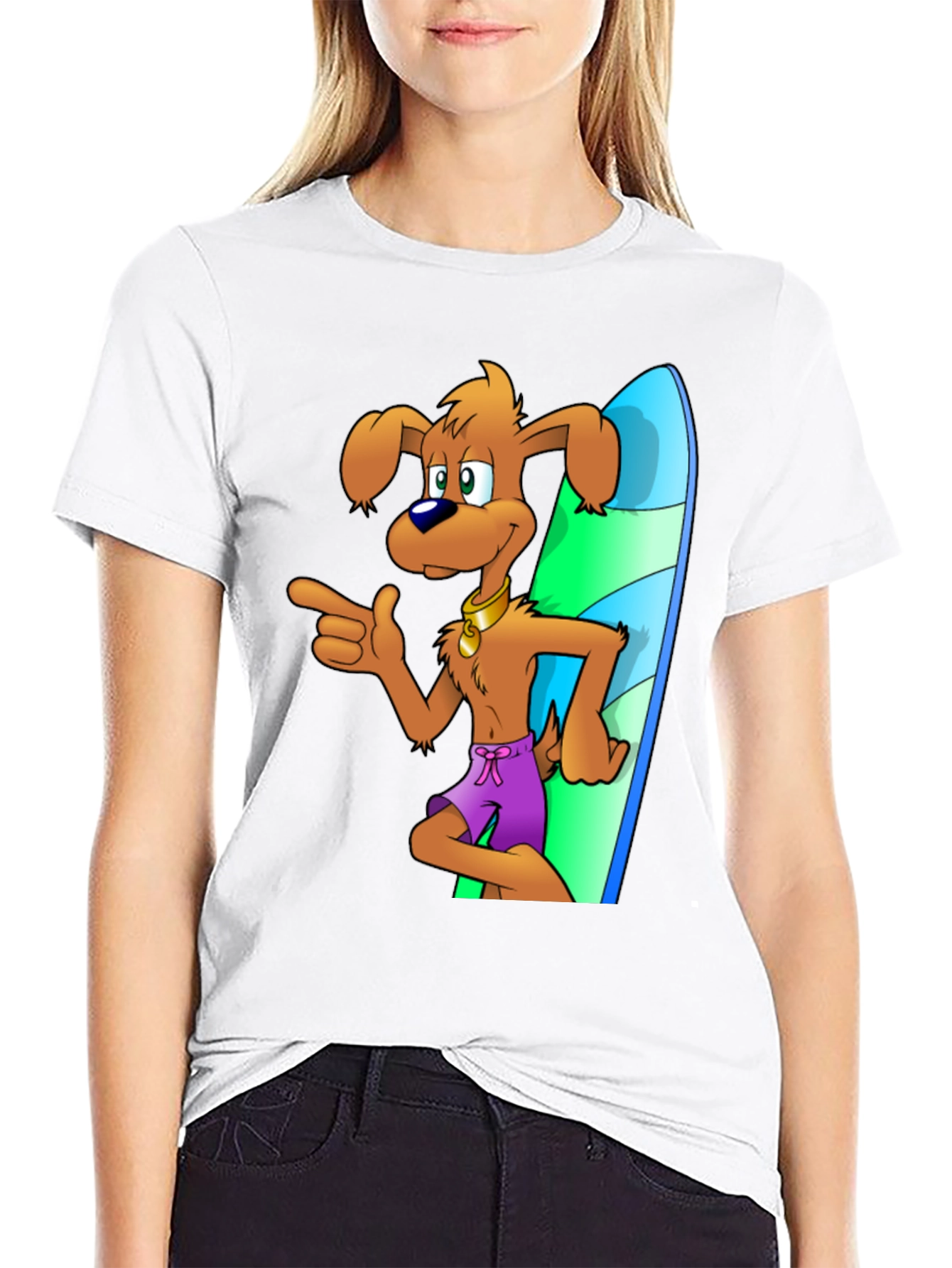 Dog Surfer Cartoon Graphic Black T-Shirt