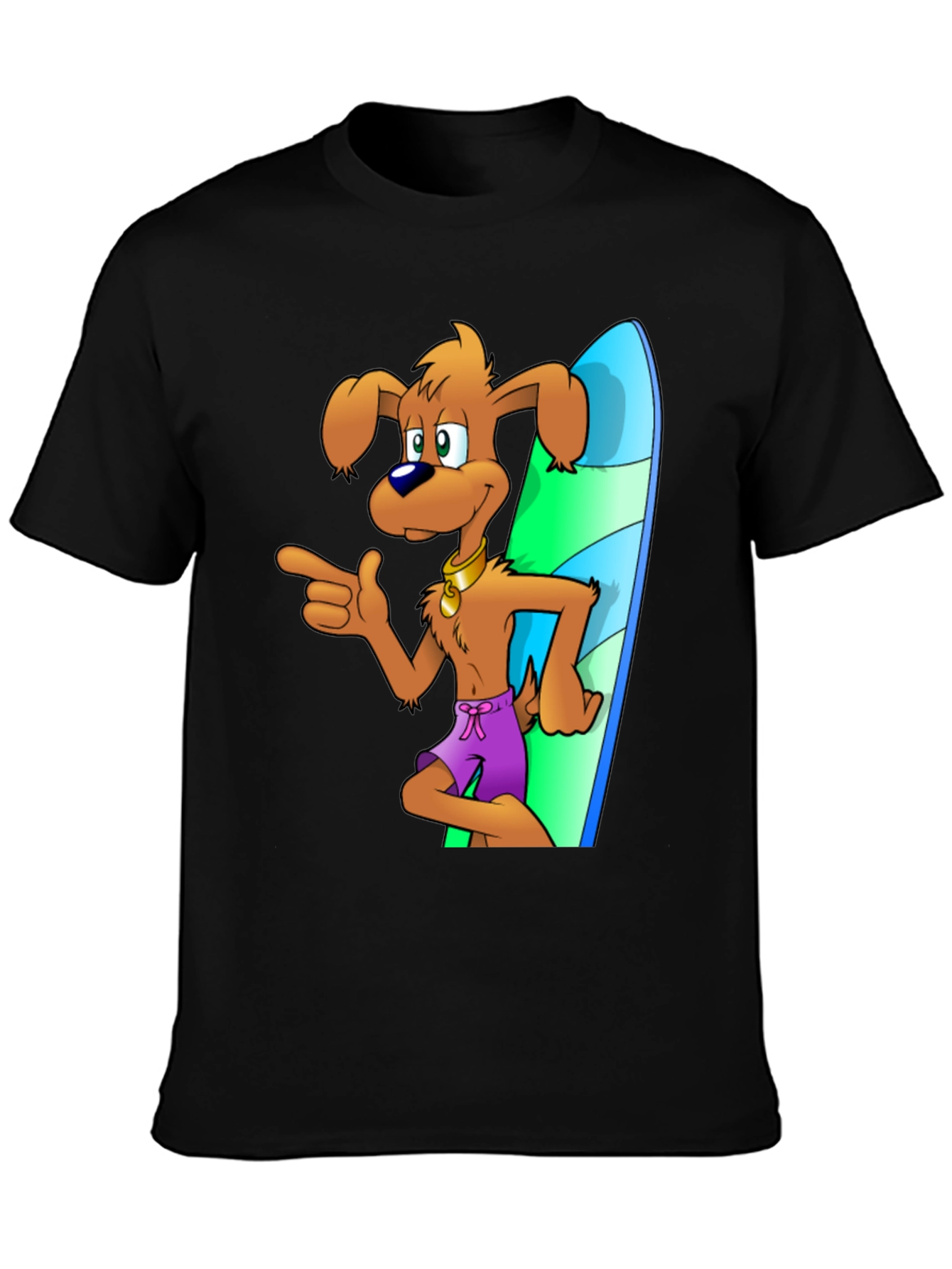 Dog Surfer Cartoon Graphic Black T-Shirt