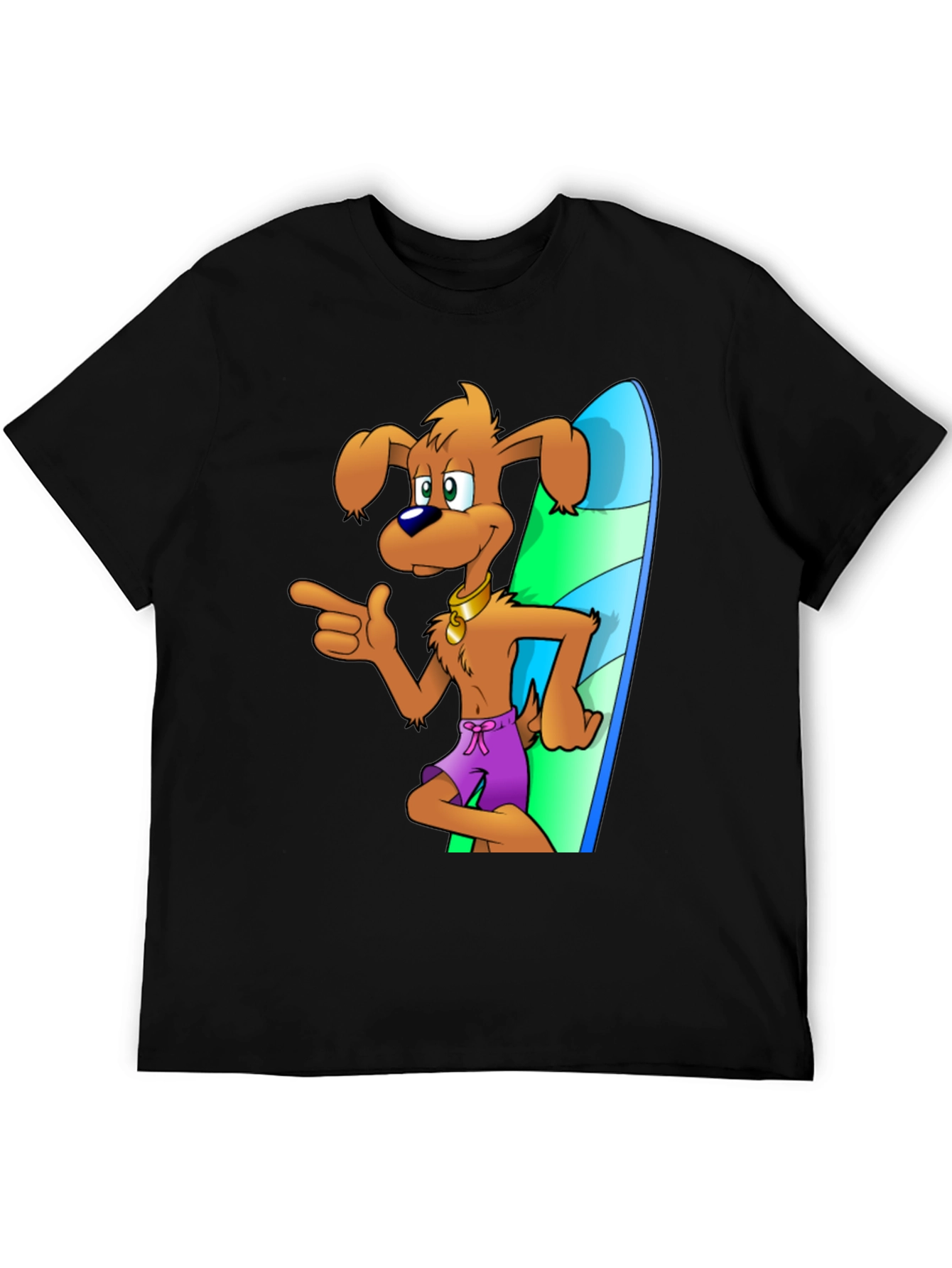 Dog Surfer Cartoon Graphic Black T-Shirt