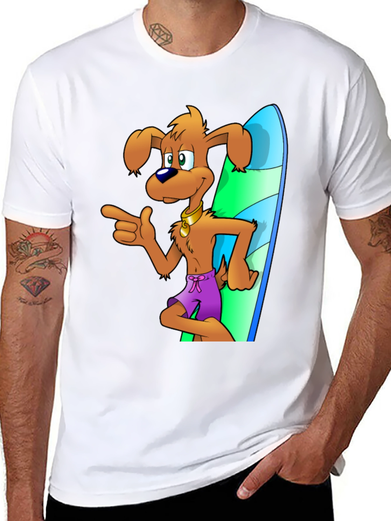 Dog Surfer Cartoon Graphic Black T-Shirt