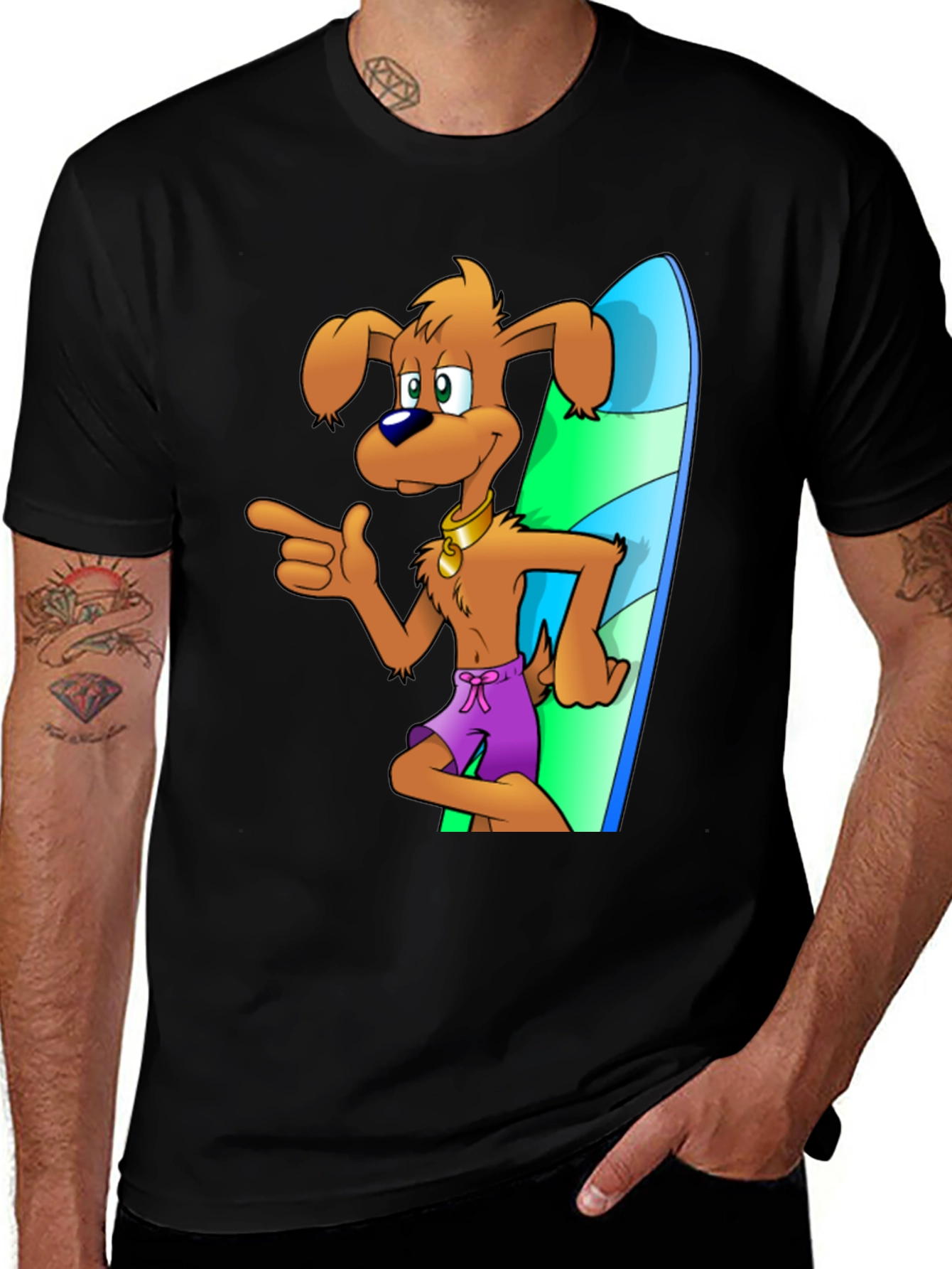 Dog Surfer Cartoon Graphic Black T-Shirt