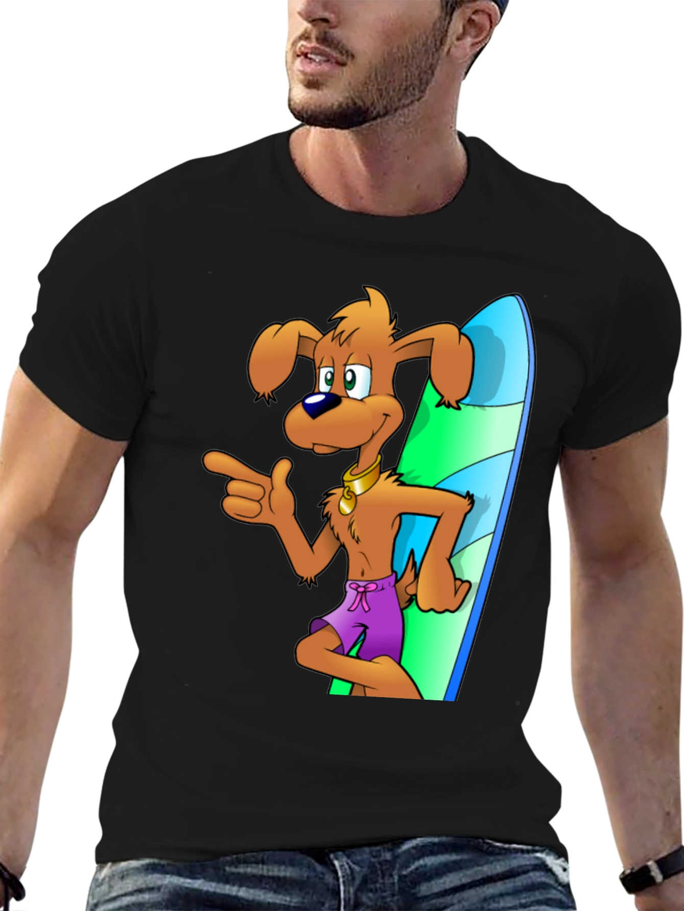 Dog Surfer Cartoon Graphic Black T-Shirt