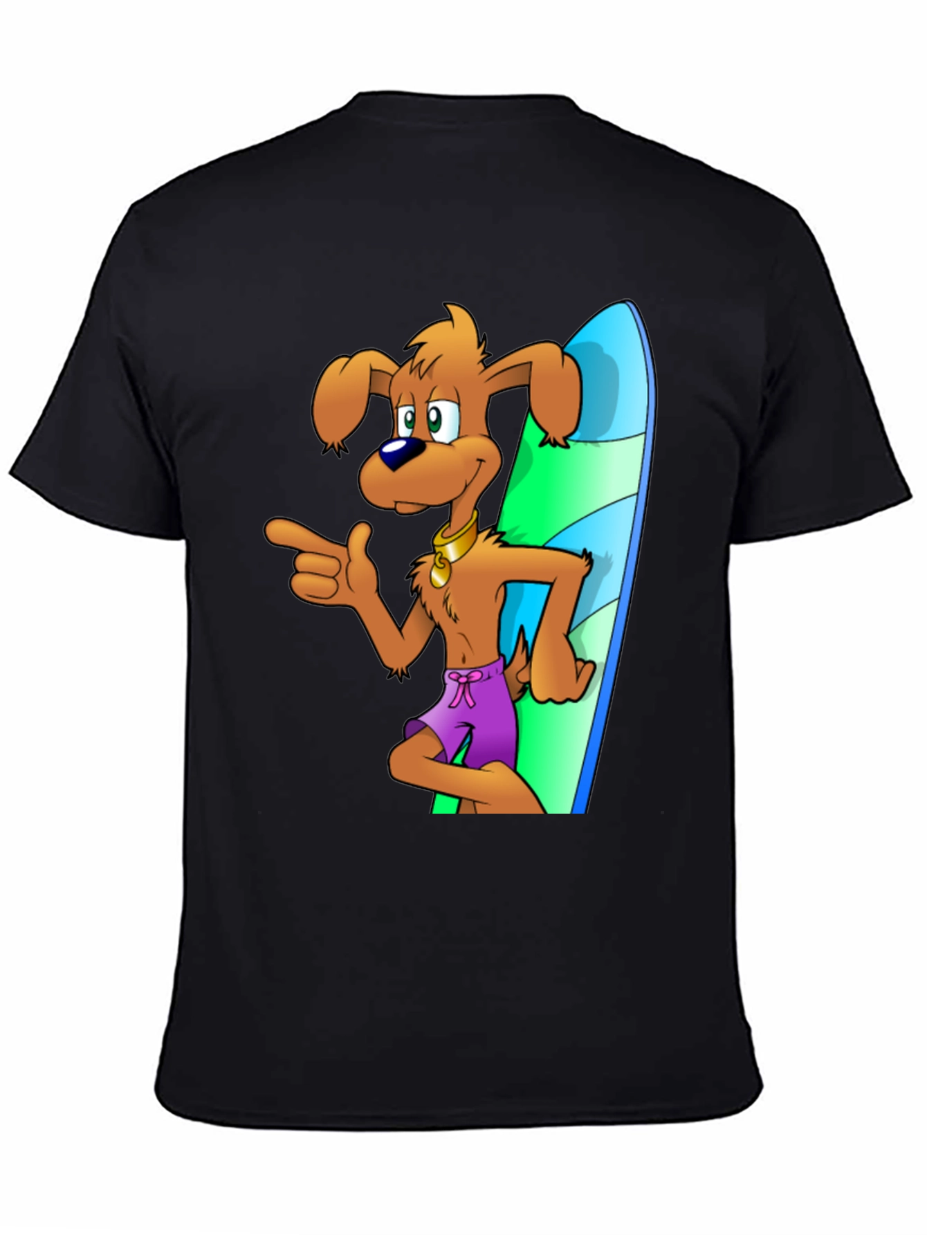 Dog Surfer Cartoon Graphic Black T-Shirt