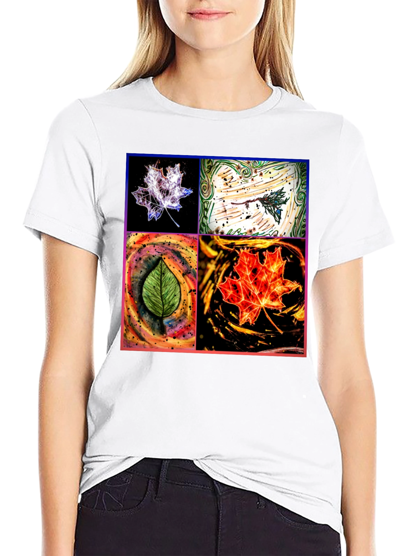 Four Seasons Leaf Art Black T-Shirt