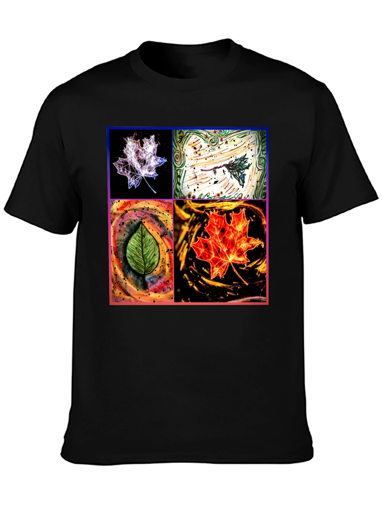Four Seasons Leaf Art Black T-Shirt
