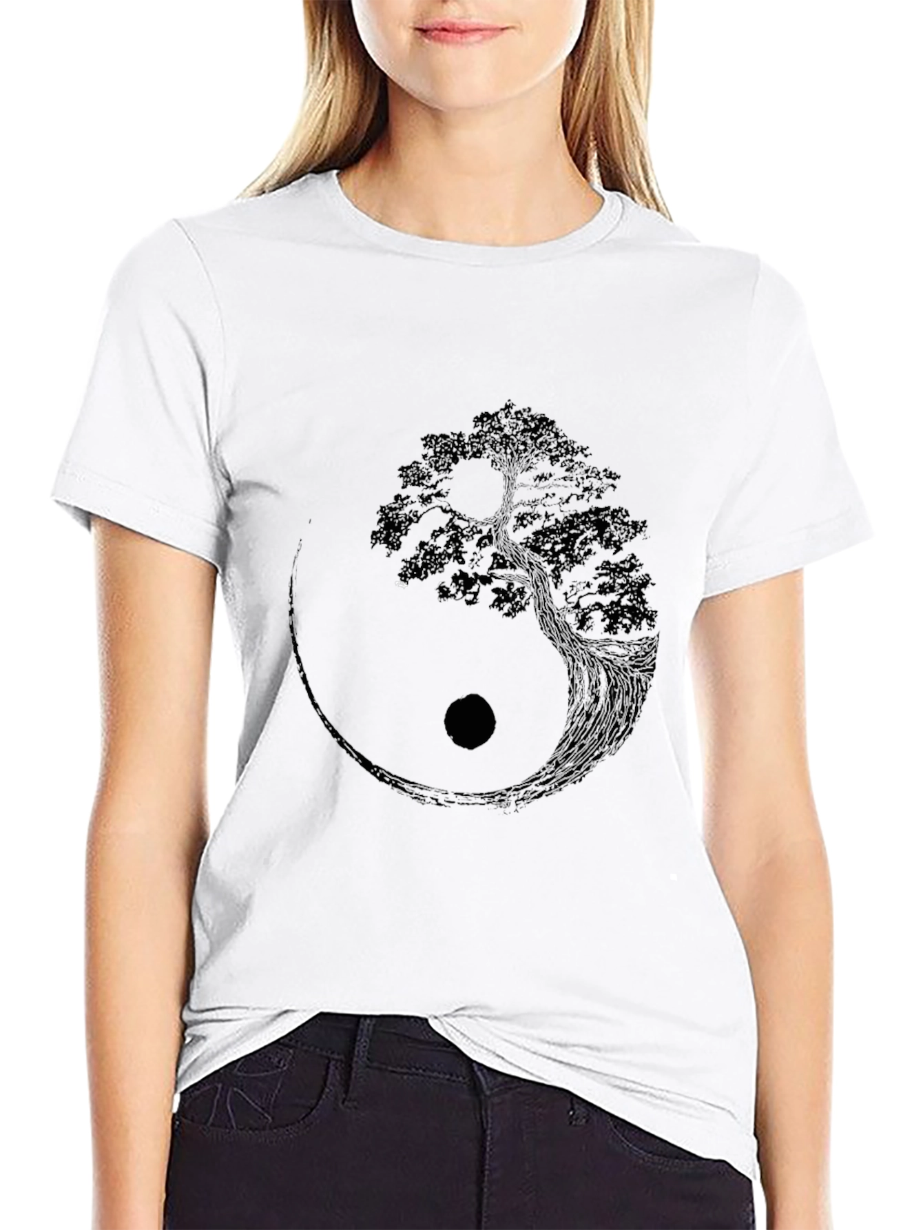 Yin Yang Tree Graphic Tee - Black Cotton Blend
