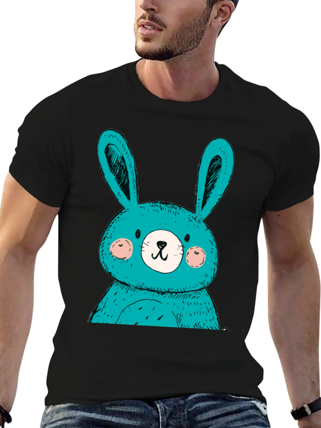 Cute Bunny Graphic Tee - Black Cotton T-Shirt