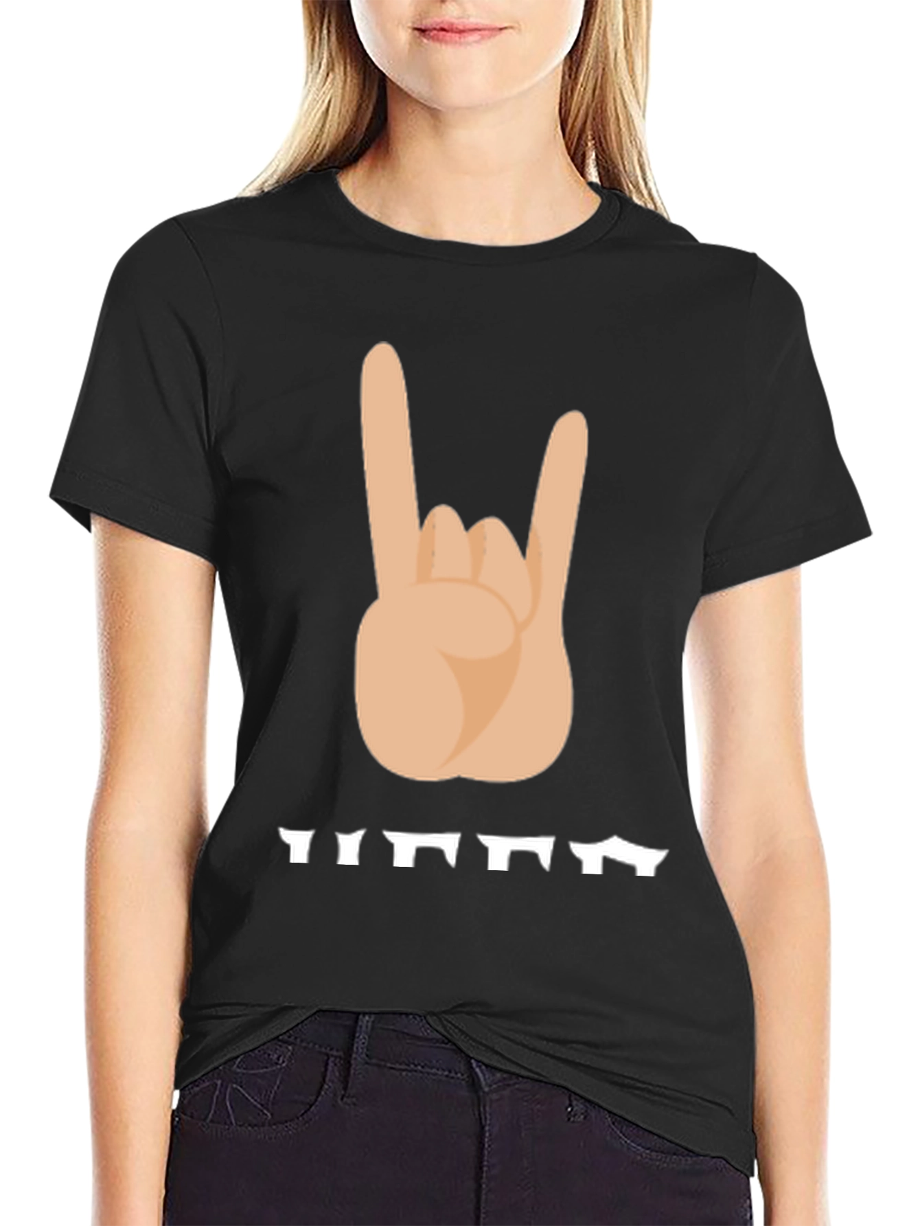 Rock On Hand Sign Graphic T-Shirt - Black