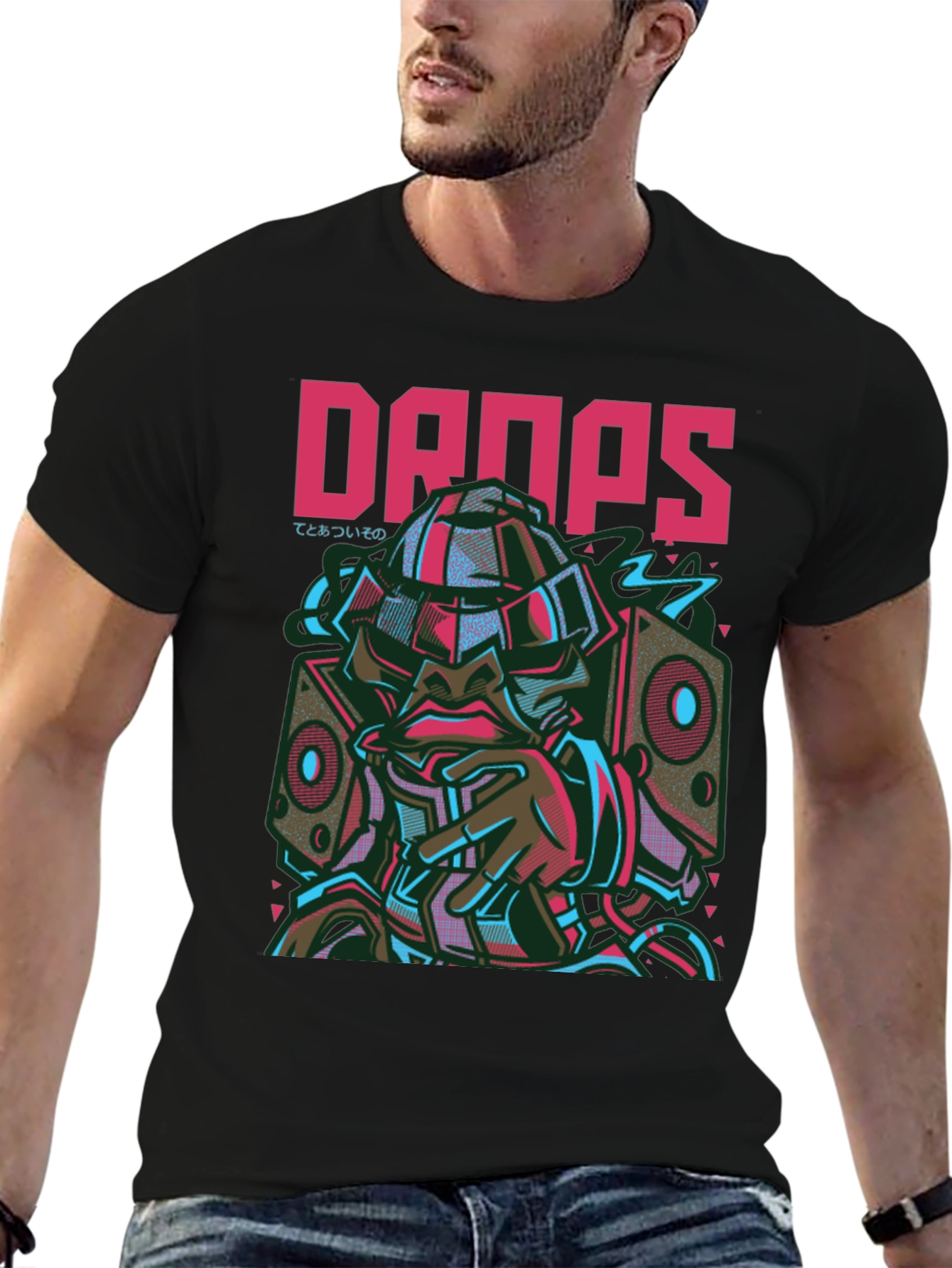 Drops Graphic Print Black Crew Neck T-Shirt