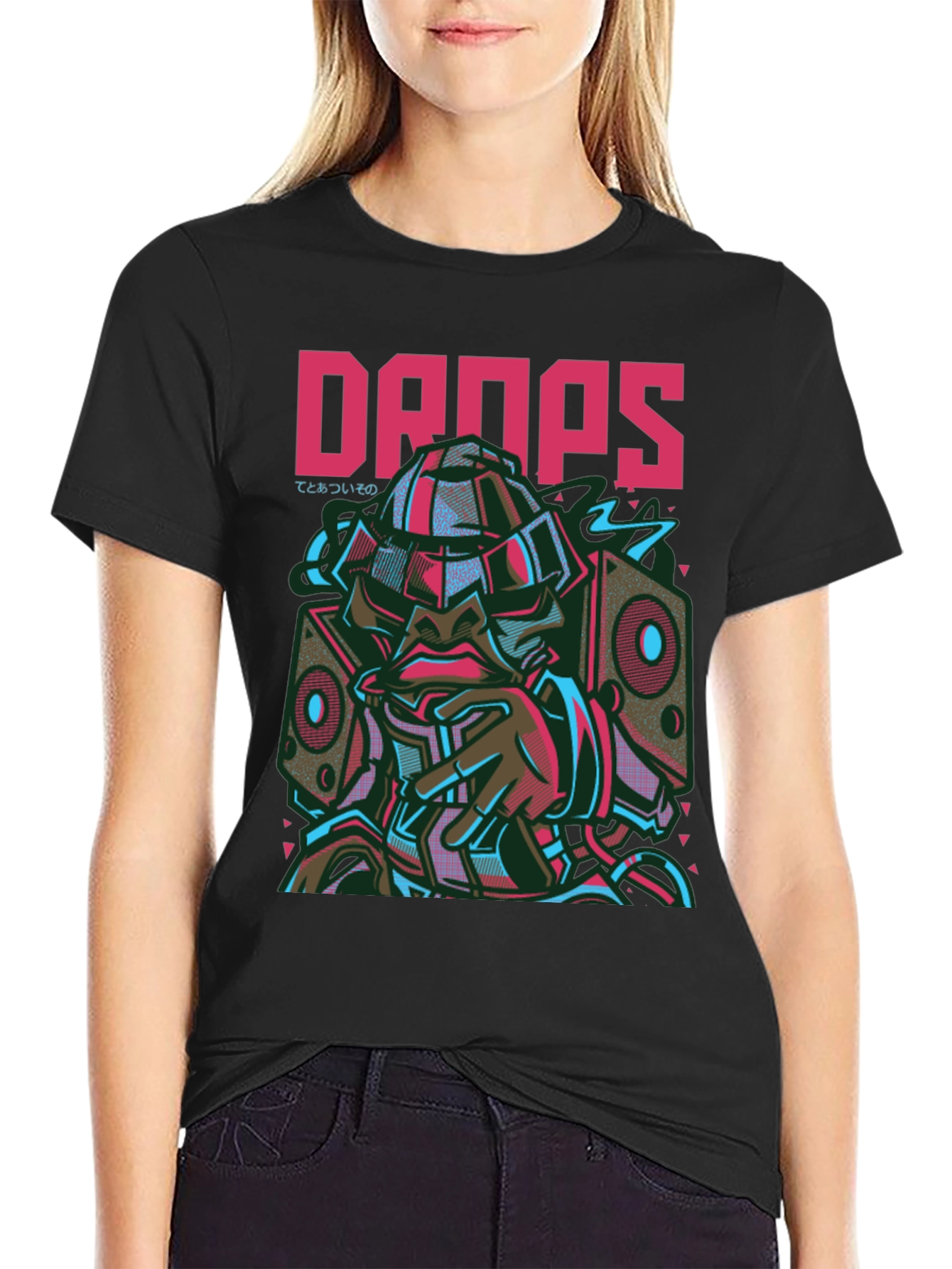 Drops Graphic Print Black Crew Neck T-Shirt