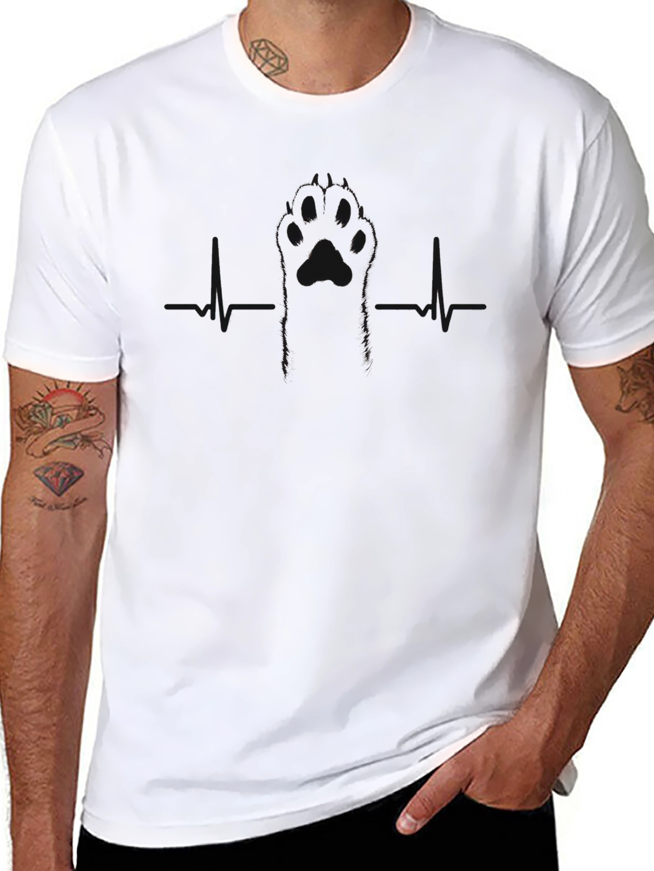Mens Black Paw Print Heartbeat T-Shirt