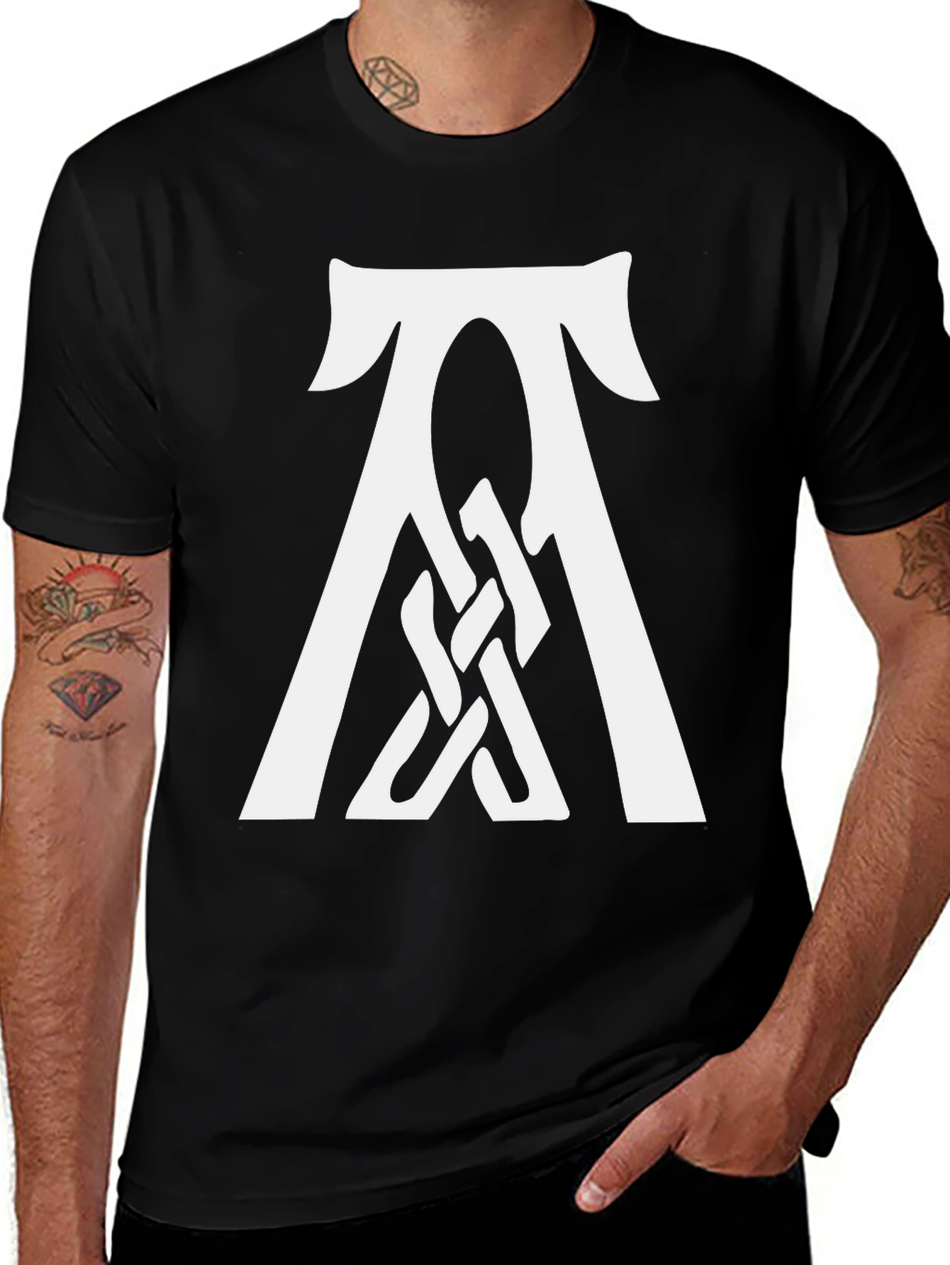 Black T-Shirt with White Celtic Knot Symbol