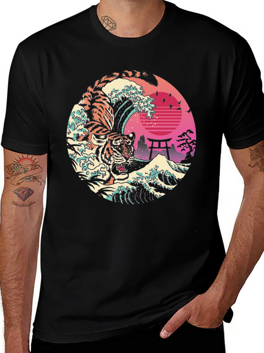Tiger Wave Graphic T-Shirt - Cool Japanese Design