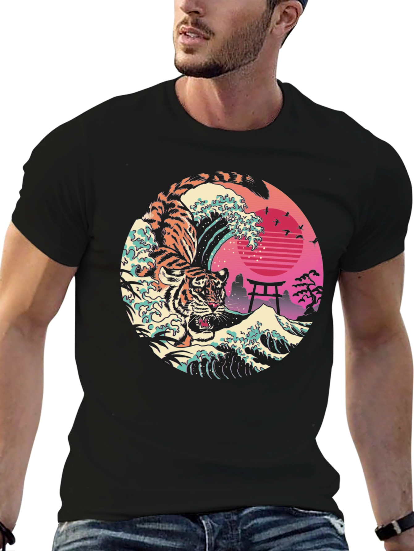 Tiger Wave Graphic T-Shirt - Cool Japanese Design