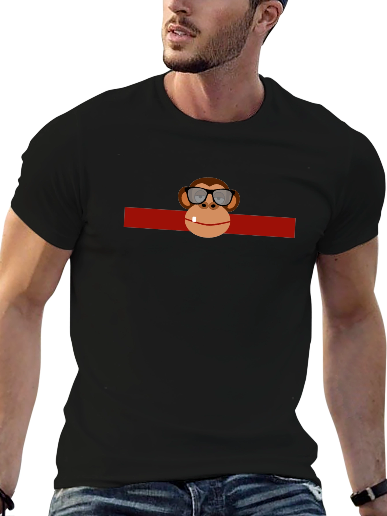 Funny Monkey in Glasses Graphic Black T-Shirt