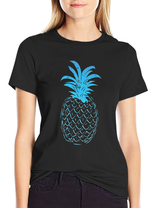 Blue Pineapple Graphic Print Black T-Shirt
