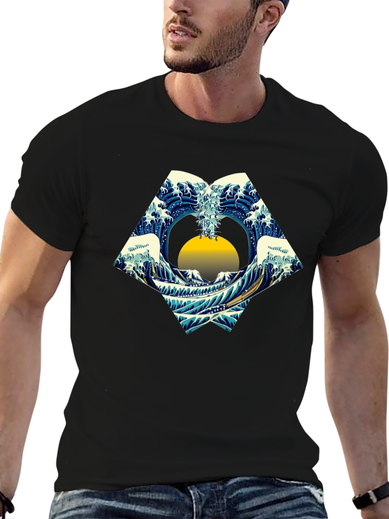 Great Wave Graphic Tee - Black Cotton Shirt