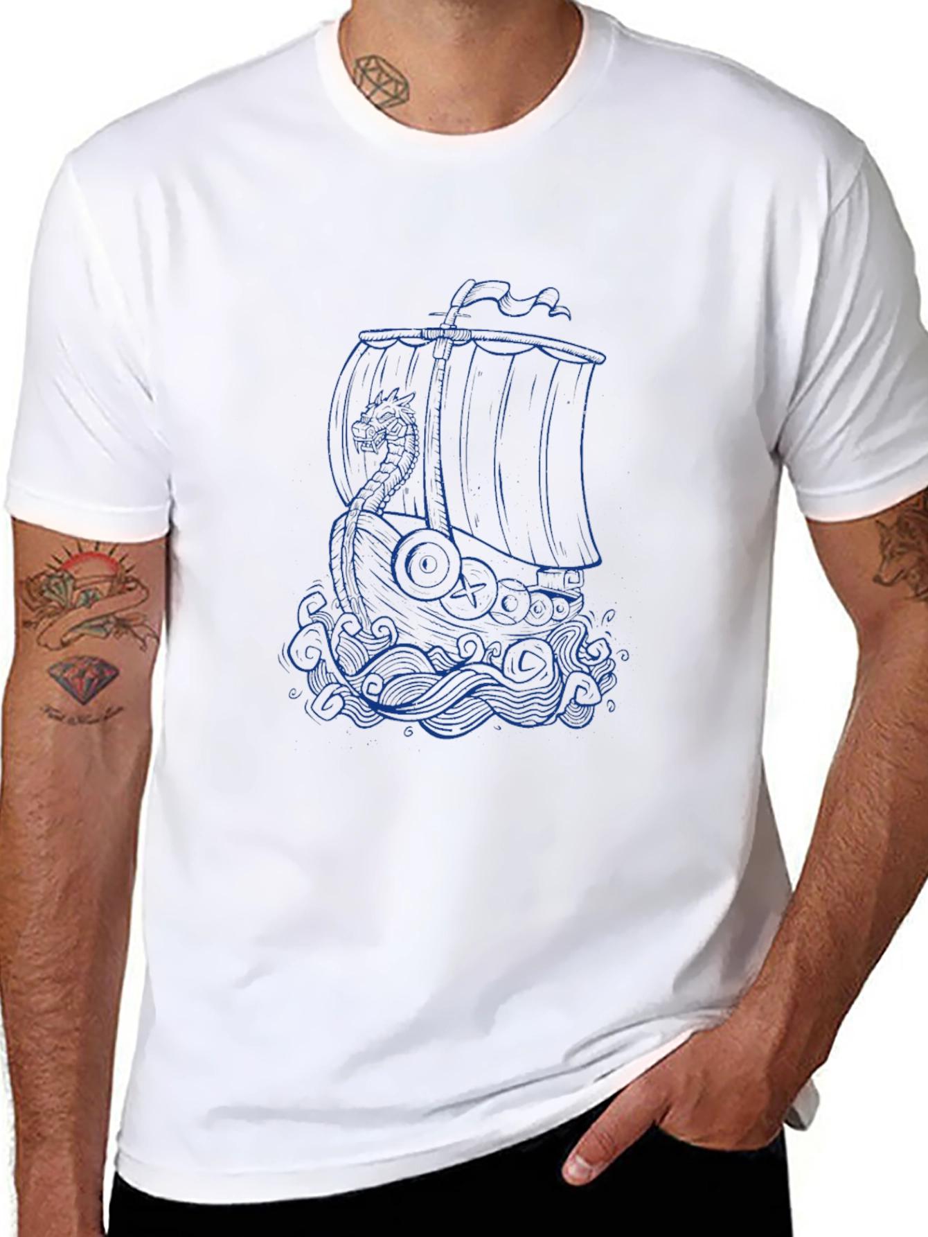 Viking Ship Graphic Tee - Black Cotton T-Shirt