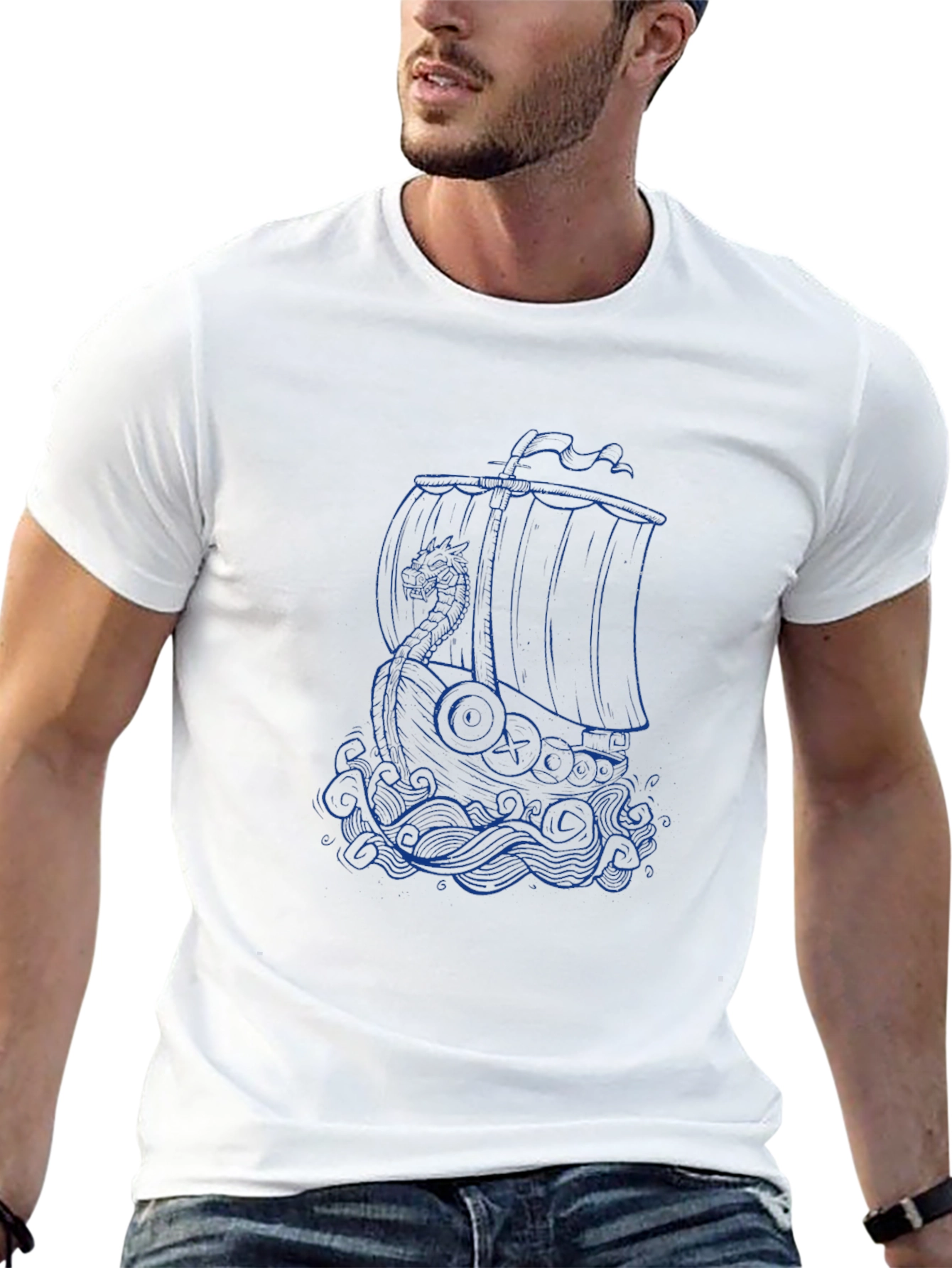 Viking Ship Graphic Tee - Black Cotton T-Shirt